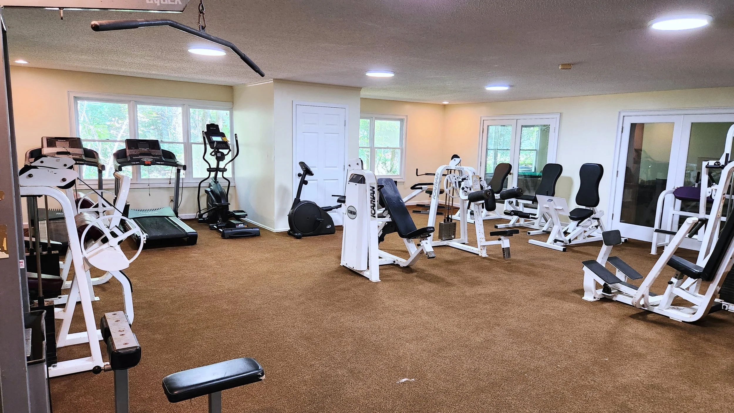 The image shows a spacious home gym with various exercise equipment, including treadmills, ellipticals, weight machines, and strength training chairs. There are large windows letting in natural light, and a carpeted floor.