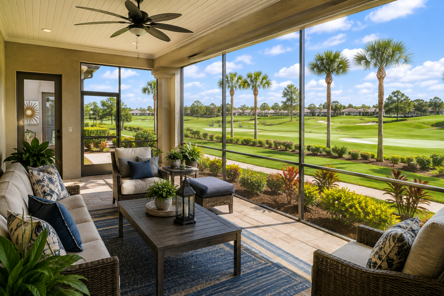 HDR real estate photography of a lanai overlooking a golf course in The Villages.