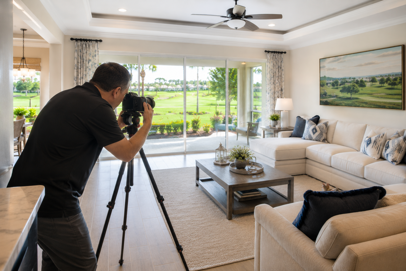 Professional real estate photographer capturing HDR interior photography in a Florida home.