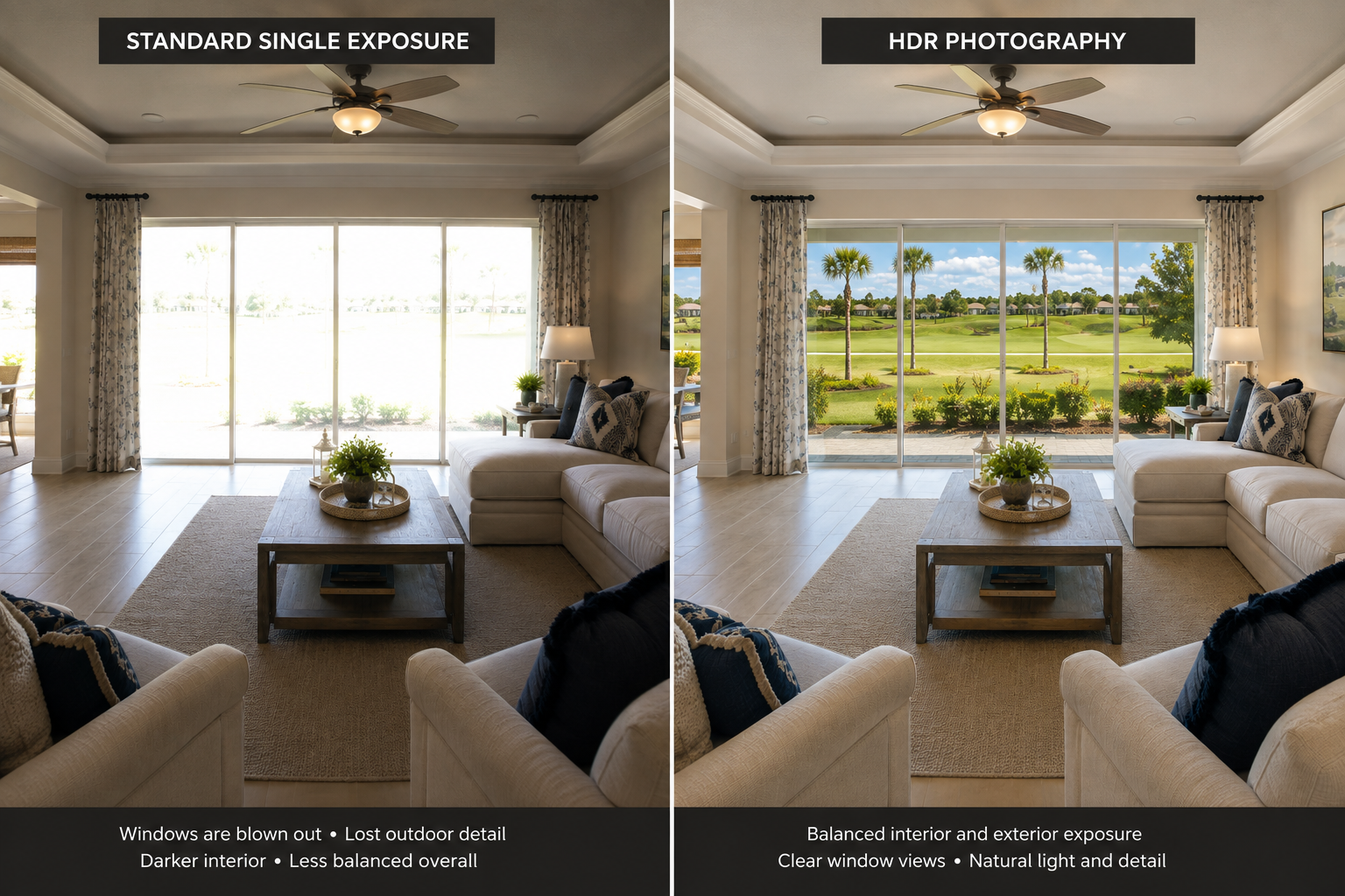 HDR vs standard real estate photography comparison showing improved window detail.