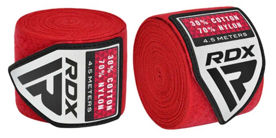 Two red RDX hand wraps with labels indicating they are 4.5 meters long, made of 30% cotton and 70% nylon.