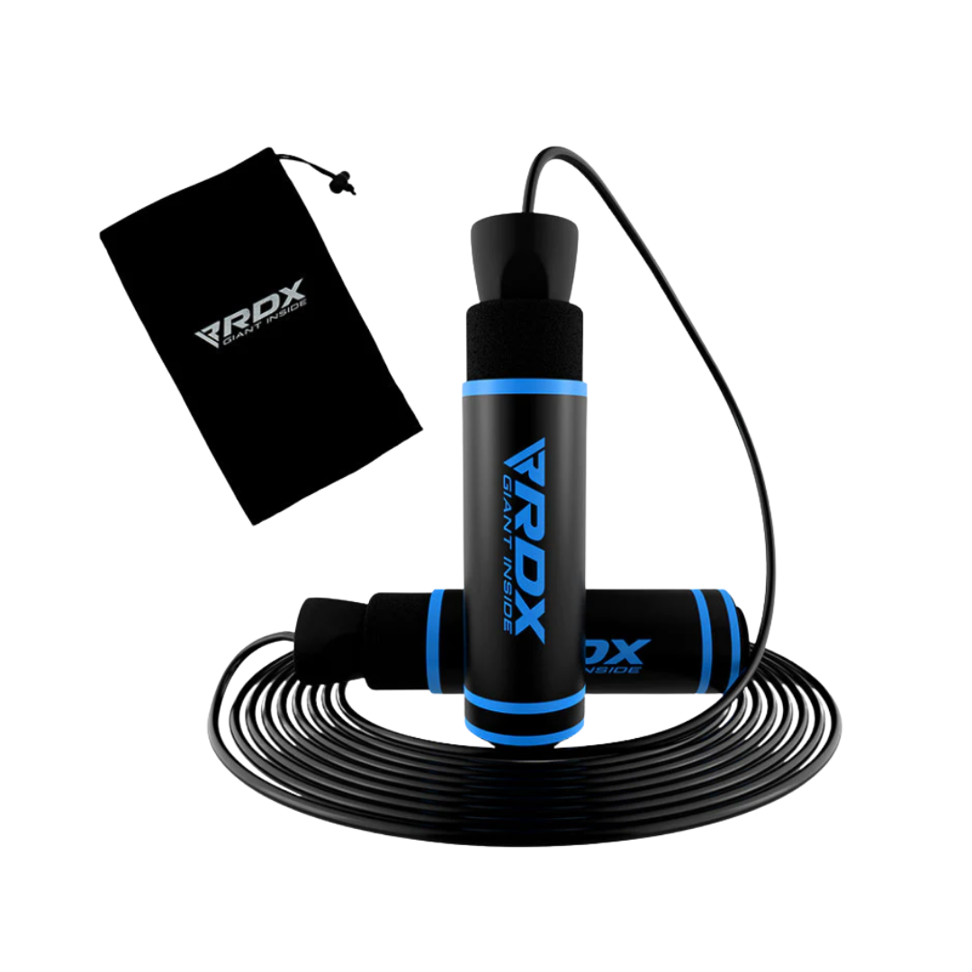 A black jump rope with blue accents and the RDX logo, coiled on a black background with a white box in the background.