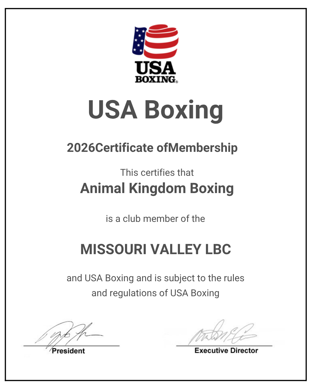 Certificate of membership from USA Boxing for Animal Kingdom Boxing, a club member of Missouri Valley LBC, with signatures from the President and Executive Director.