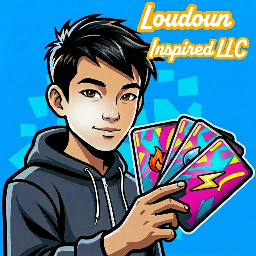 A cartoon-style illustration of a young man with dark hair holding four colorful cards with symbols on them, against a blue background with the text "Loudoun Inspired LLC" in yellow.