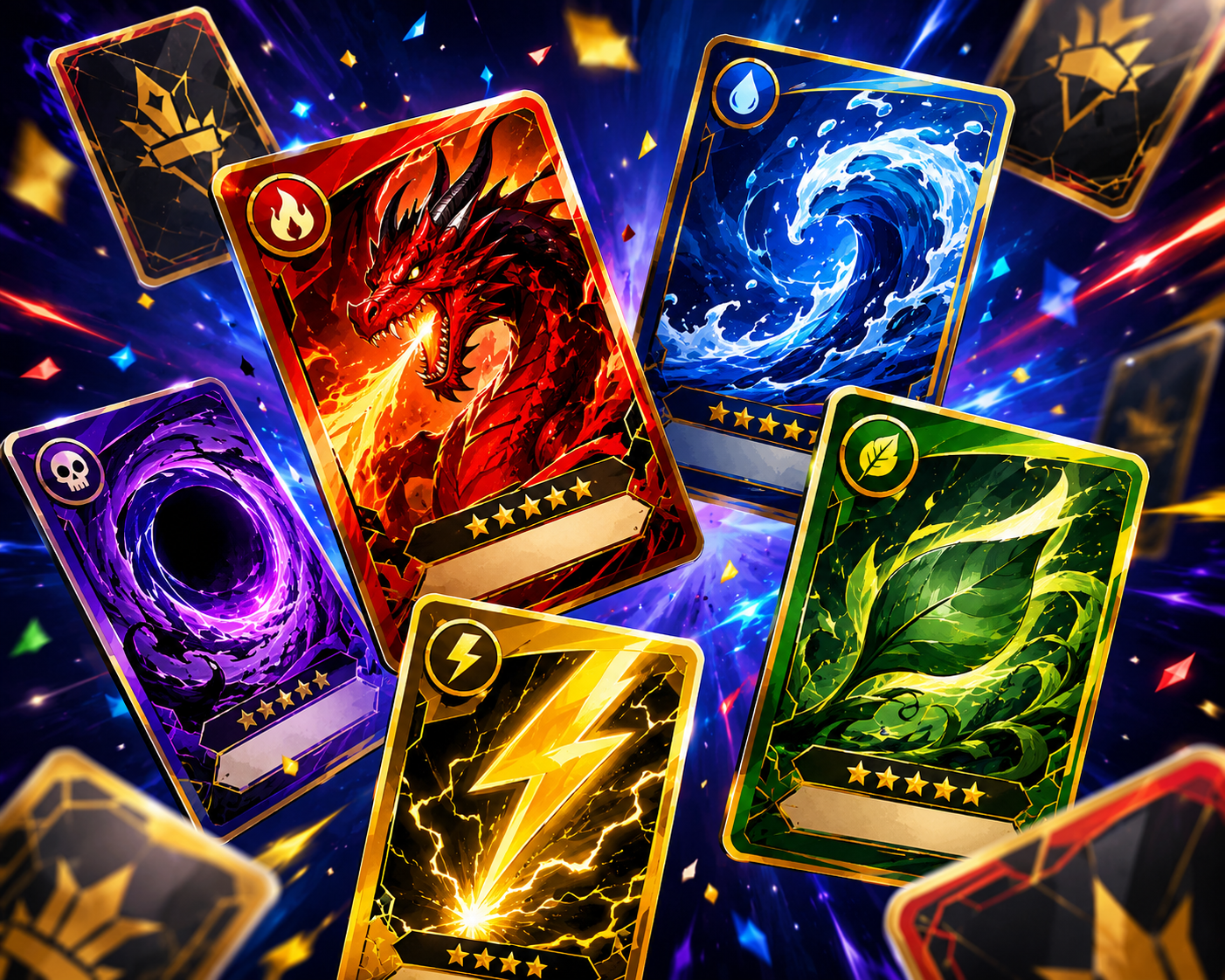 Digital illustration of fantasy trading cards featuring a red dragon, swirling water, purple vortex, green leaves, and lightning, set against a cosmic background with colorful sparkles and abstract patterns.
