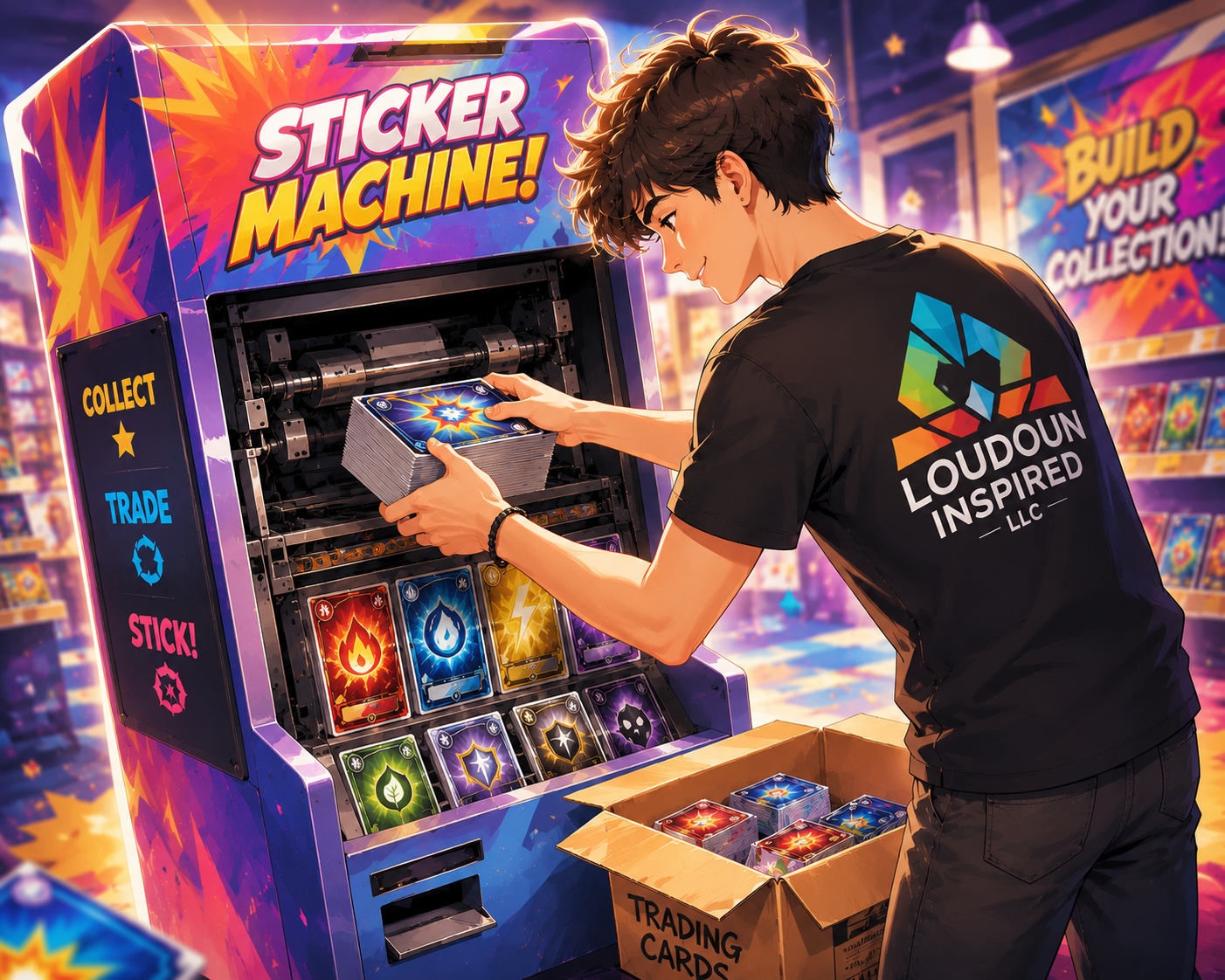 A young man wearing a black T-shirt with the Loudoun Inspired LLC logo is loading trading cards into a sticker machine at a gaming or comic store, with a display of trading cards visible in the background.