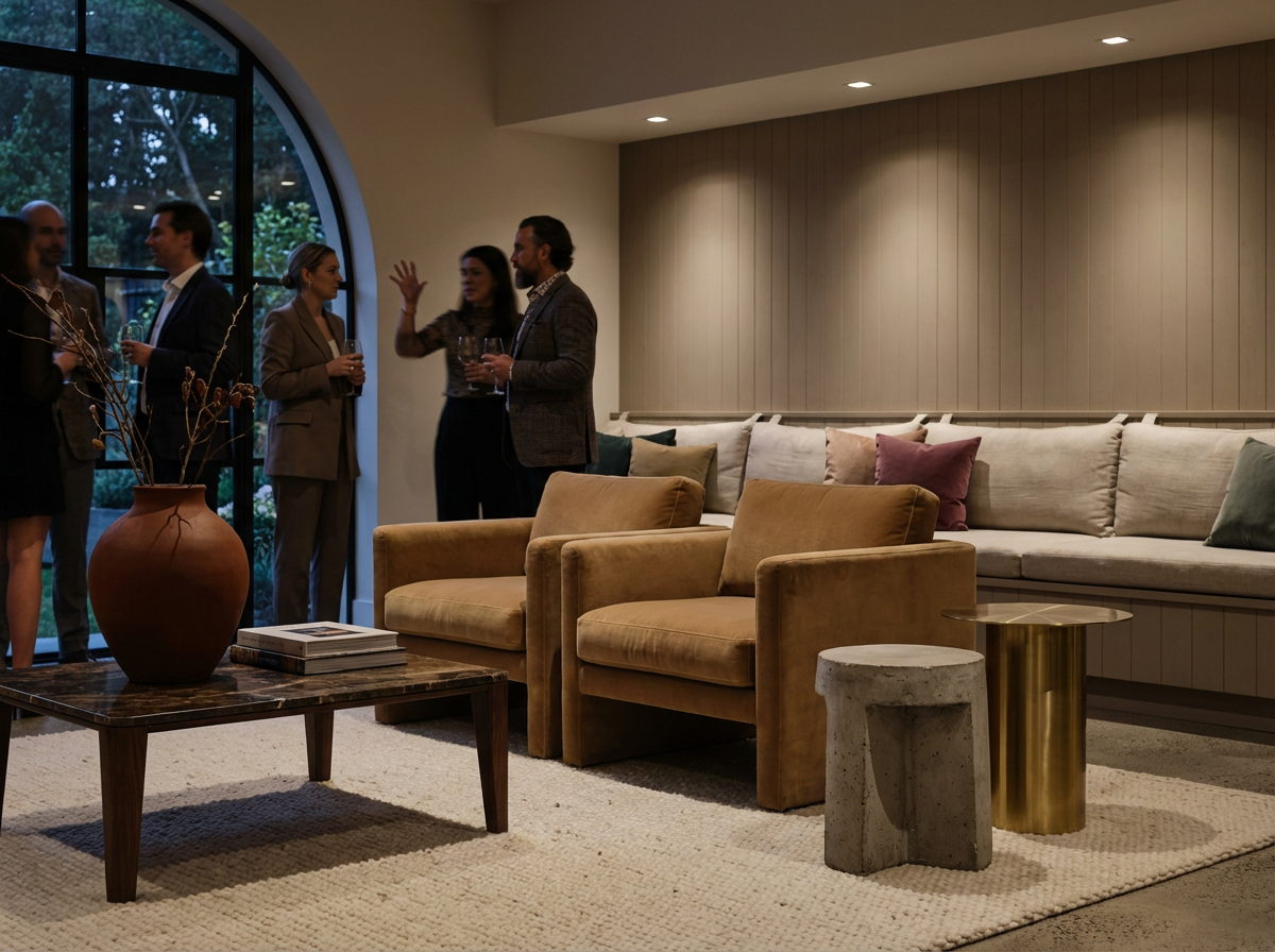 People socializing in a modern living room with comfortable chairs, a large window, and decorative pillows.