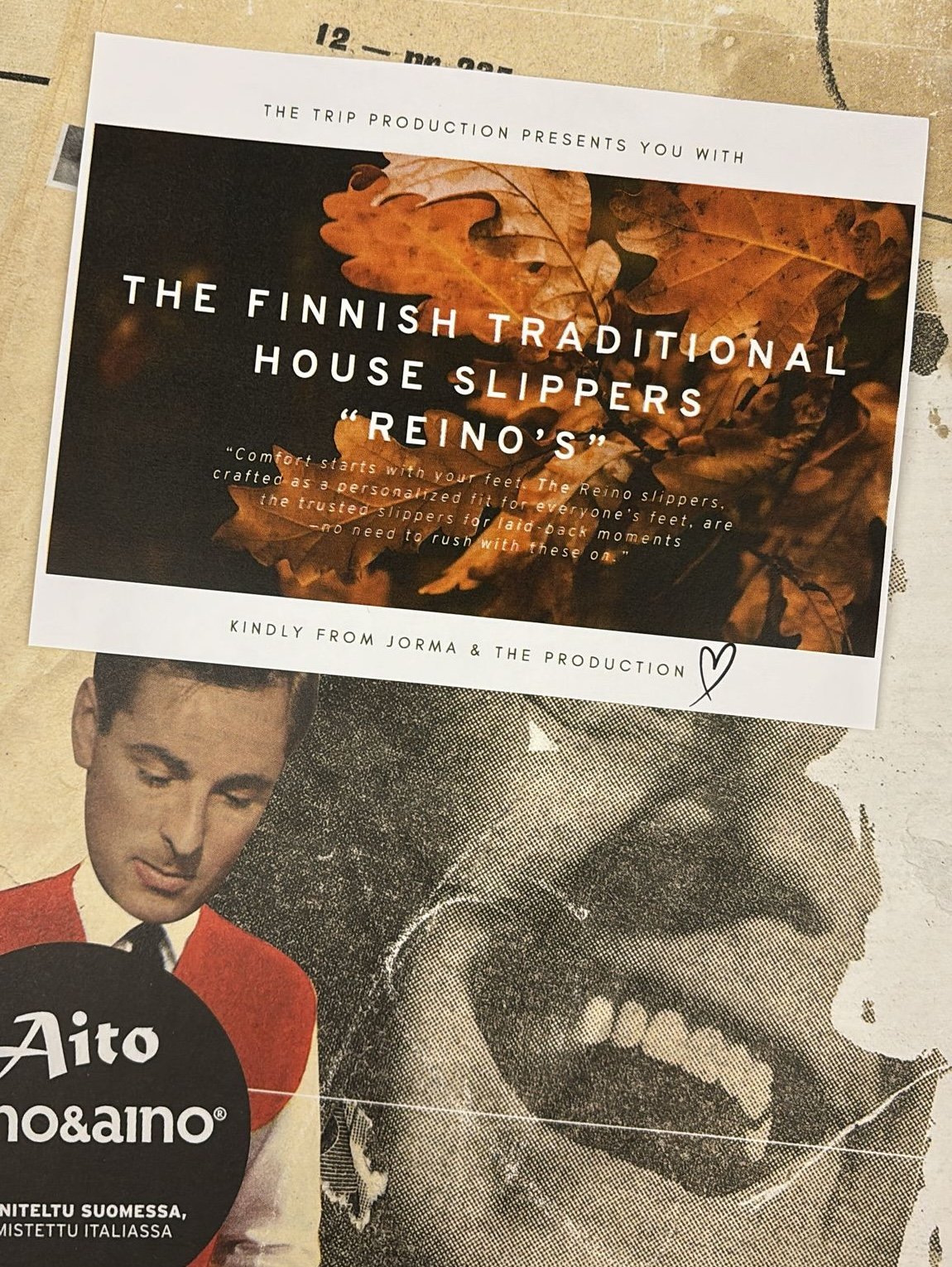 A promotional flyer for Finnish traditional house slippers called 'Reino's,' featuring an autumn leaf background with text describing comfort and personalized fit, and a partially visible vintage photograph of a smiling woman and a man in a red jacket.