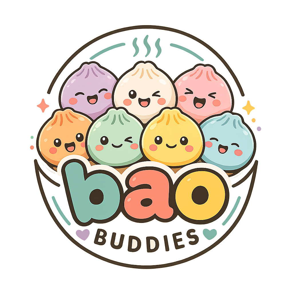 Colorful, cartoon-style dumplings with adorable faces and various expressions, arranged in a circular basket with the words 'bao buddies' underneath and small hearts around.