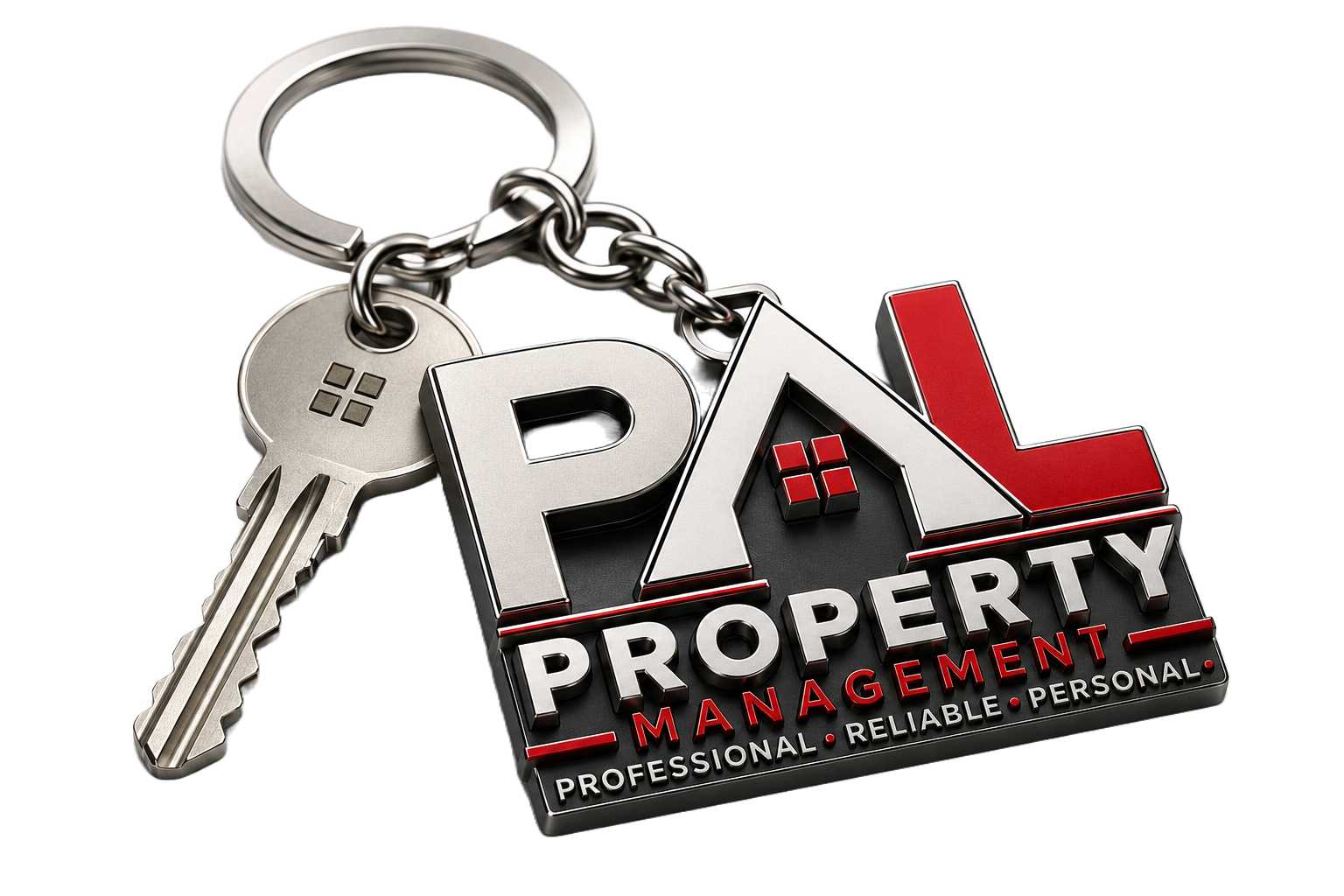 Close-up of a keychain with a house-shaped tag and a key, alongside a logo for property management, featuring a house outline with a red downward arrow, and words 'Professional,' 'Reliable,' and 'Personal'.