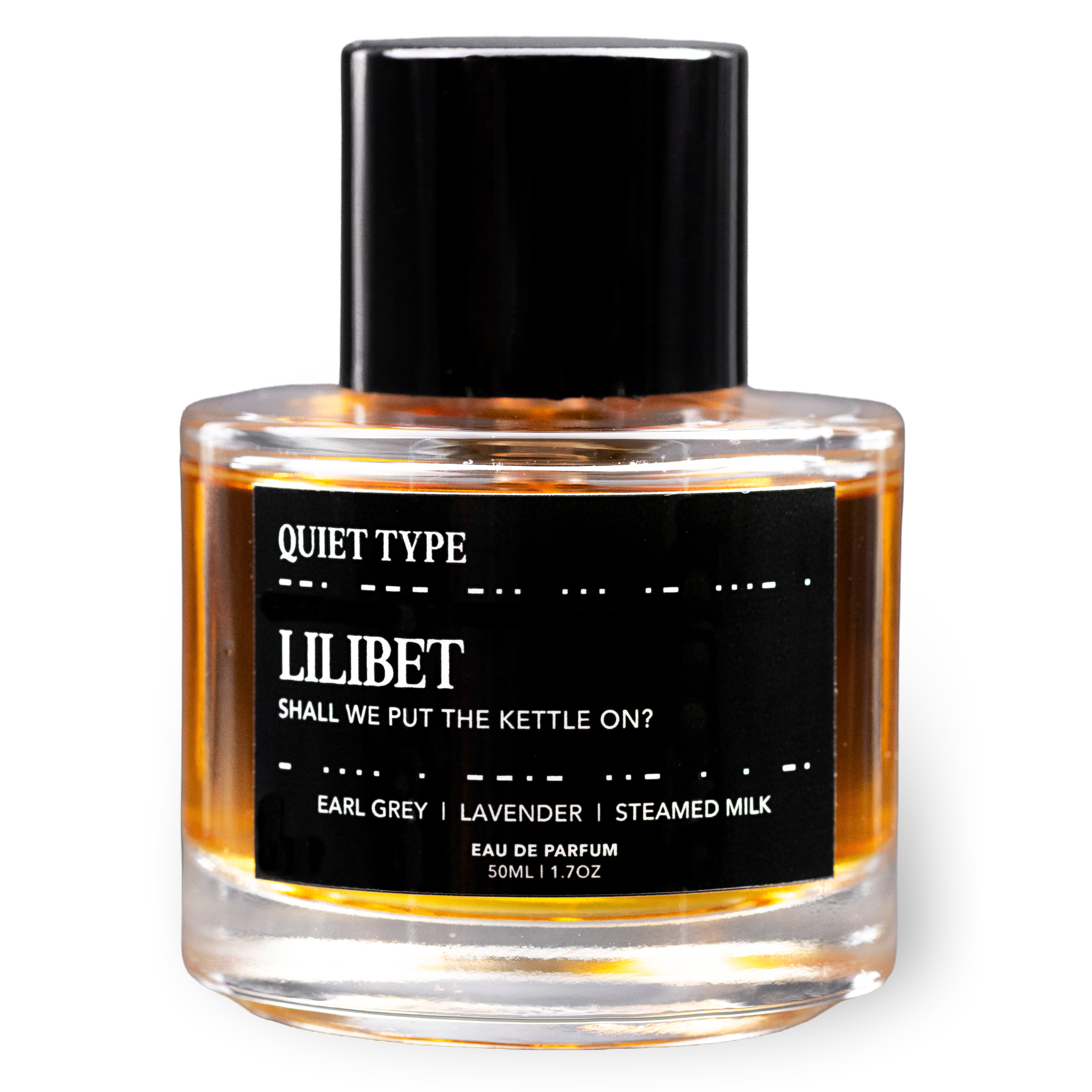 A bottle of Quiet Type Fragrances' Lilibet. Notes of Earl Grey, lavender, and steamed milk, against a black background. Eau de Parfum, 50ml.