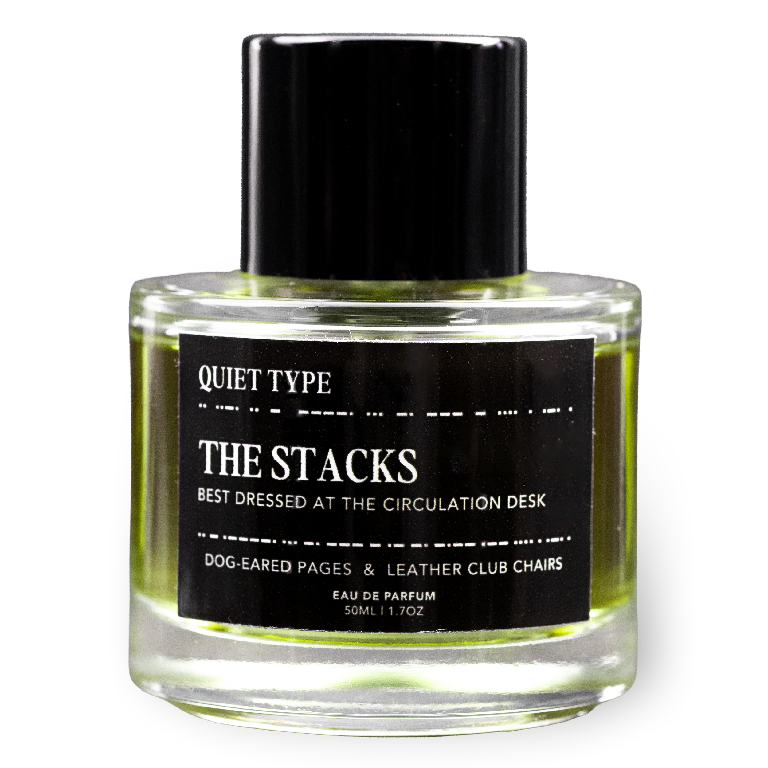 A bottle of Quiet Type Fragrances' The Stacks. Notes of old paper and leather club chairs. Eau de Parfum, 50ml.