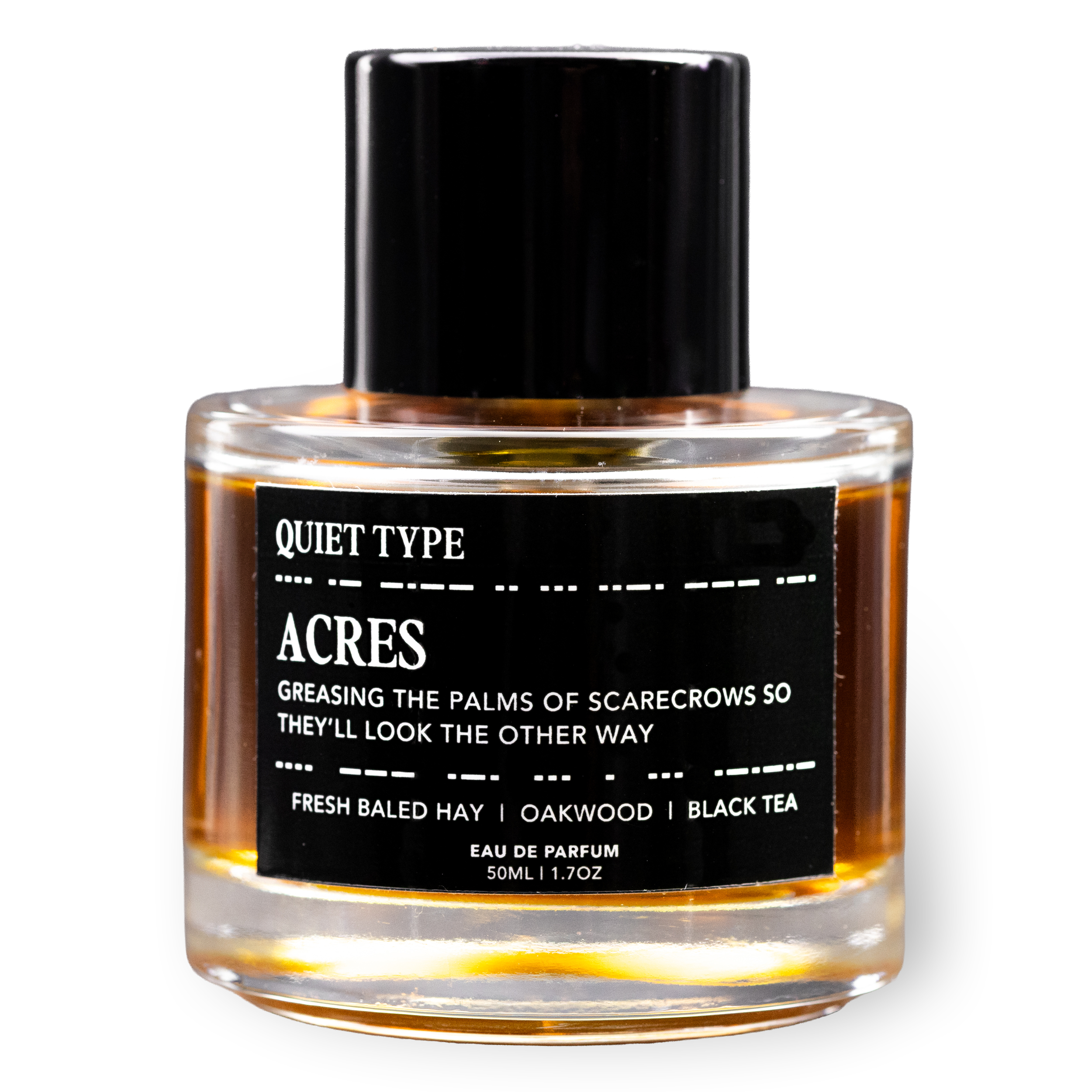 A bottle of Quiet Type Fragrances' Acres. Notes of fresh baled hay, oakwood, and black tea. Eau de Parfum, 50ml.