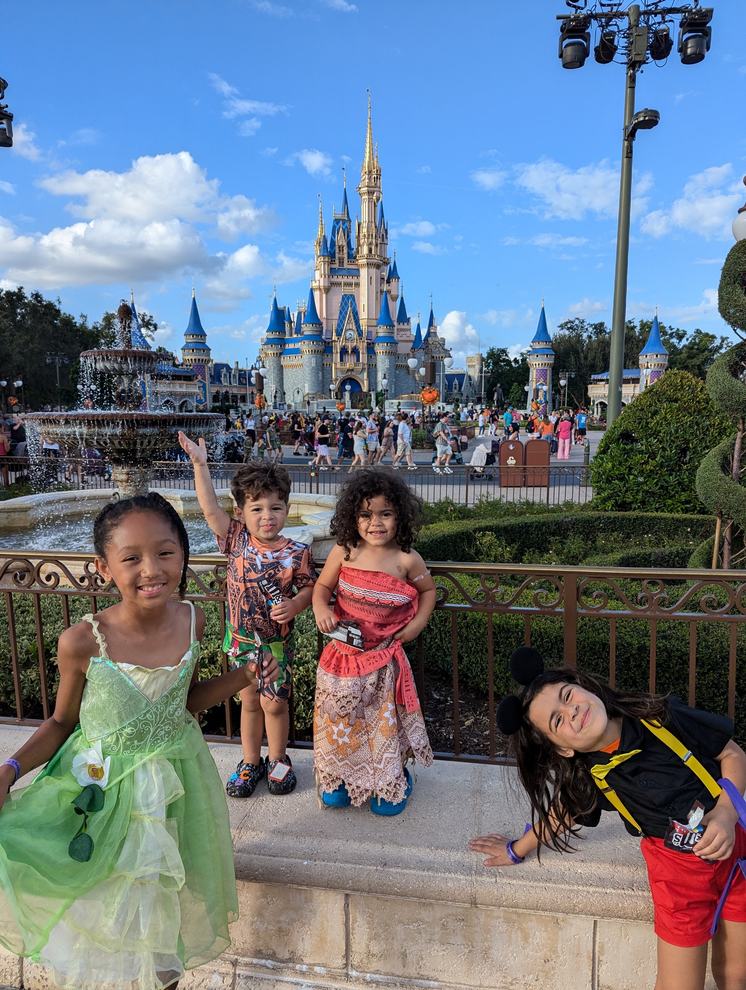 Four children dressed in costumes standing in front of Disneyland's Sleeping Beauty Castle with a fountain and cloudy sky in the background.