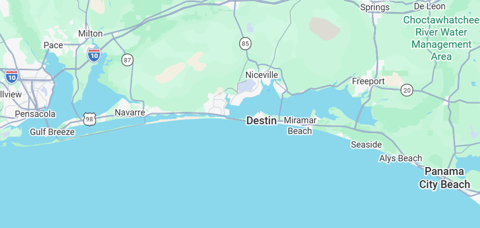 Map showing the Florida Panhandle coastal area including Panama City Beach, Destin, Niceville, Navarre, Gulf Breeze, and surrounding cities near the Gulf of Mexico.