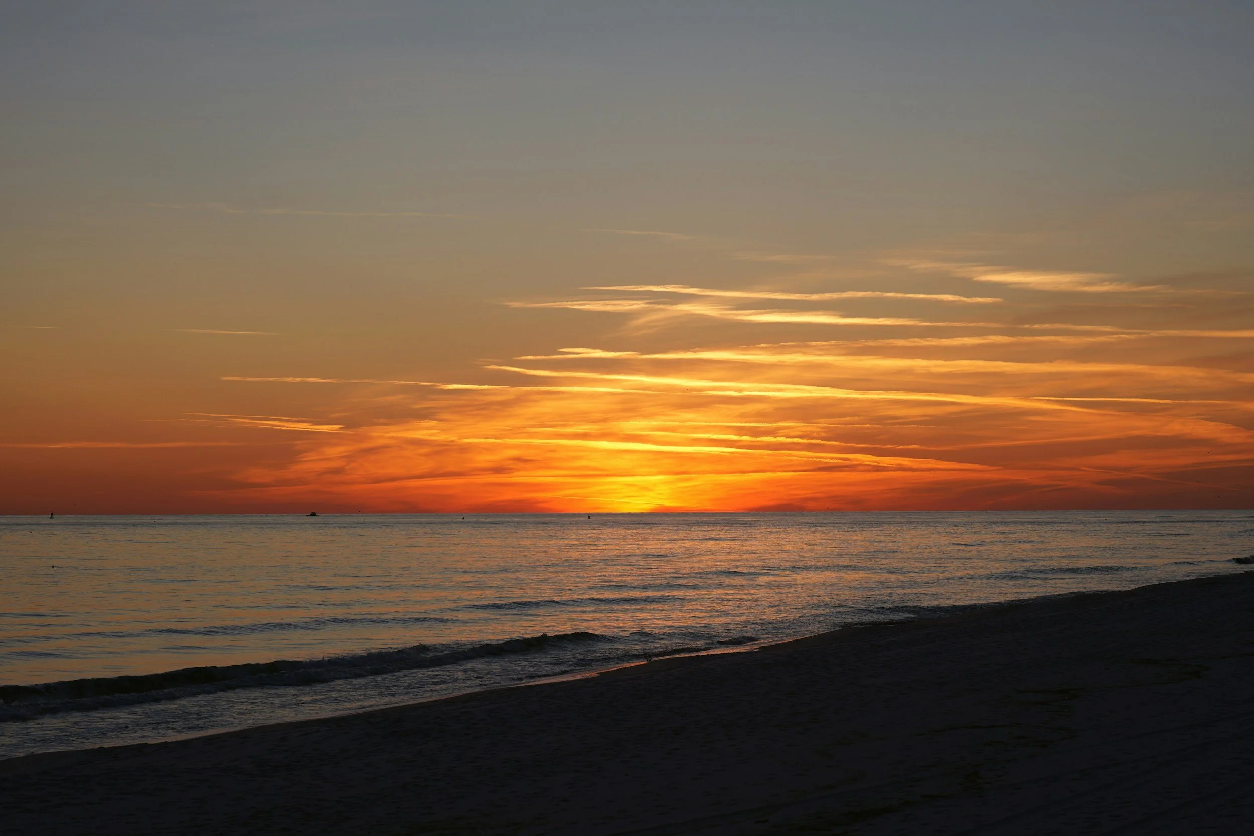 Sunset over the ocean with a dark silhouette of the shoreline in the foreground.
