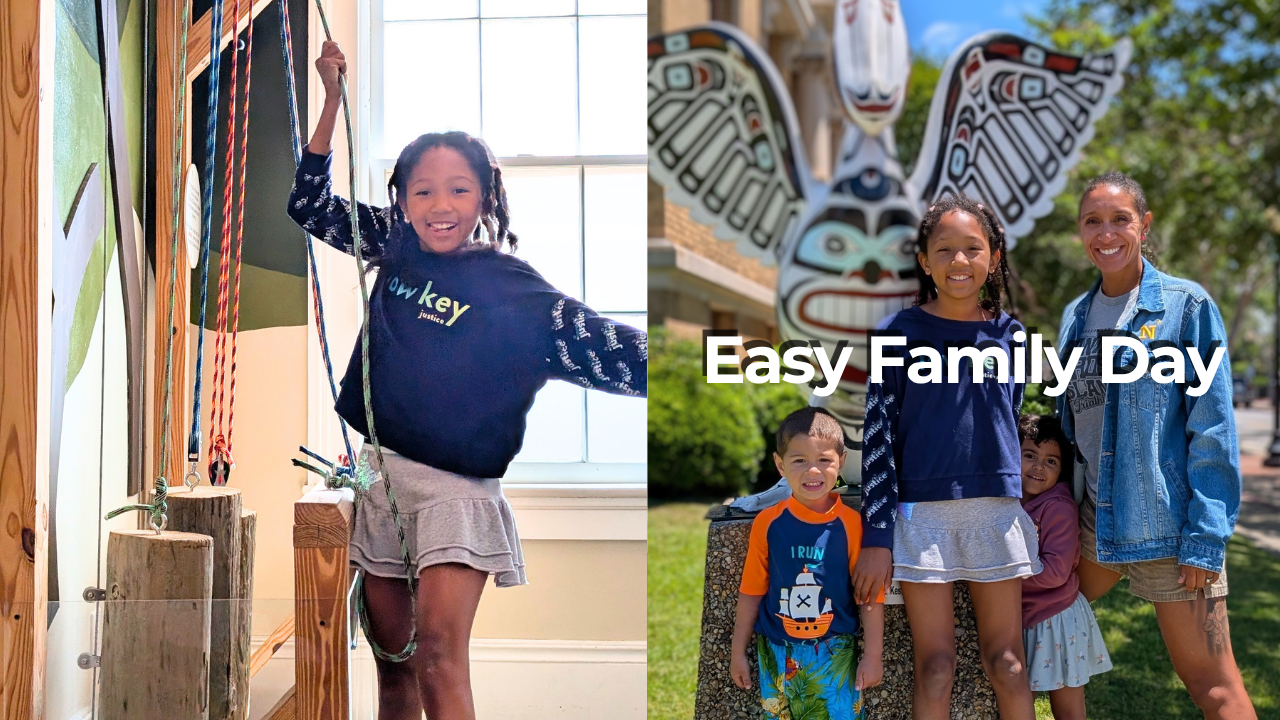 A collage of two photos: On the left, a young girl in a navy sweatshirt On the right, the same girl with three other children and an adult, outdoors in front of a large totem pole with a butterfly sculpture behind her, all smiling, with the text "Easy Family Day" overlaid.