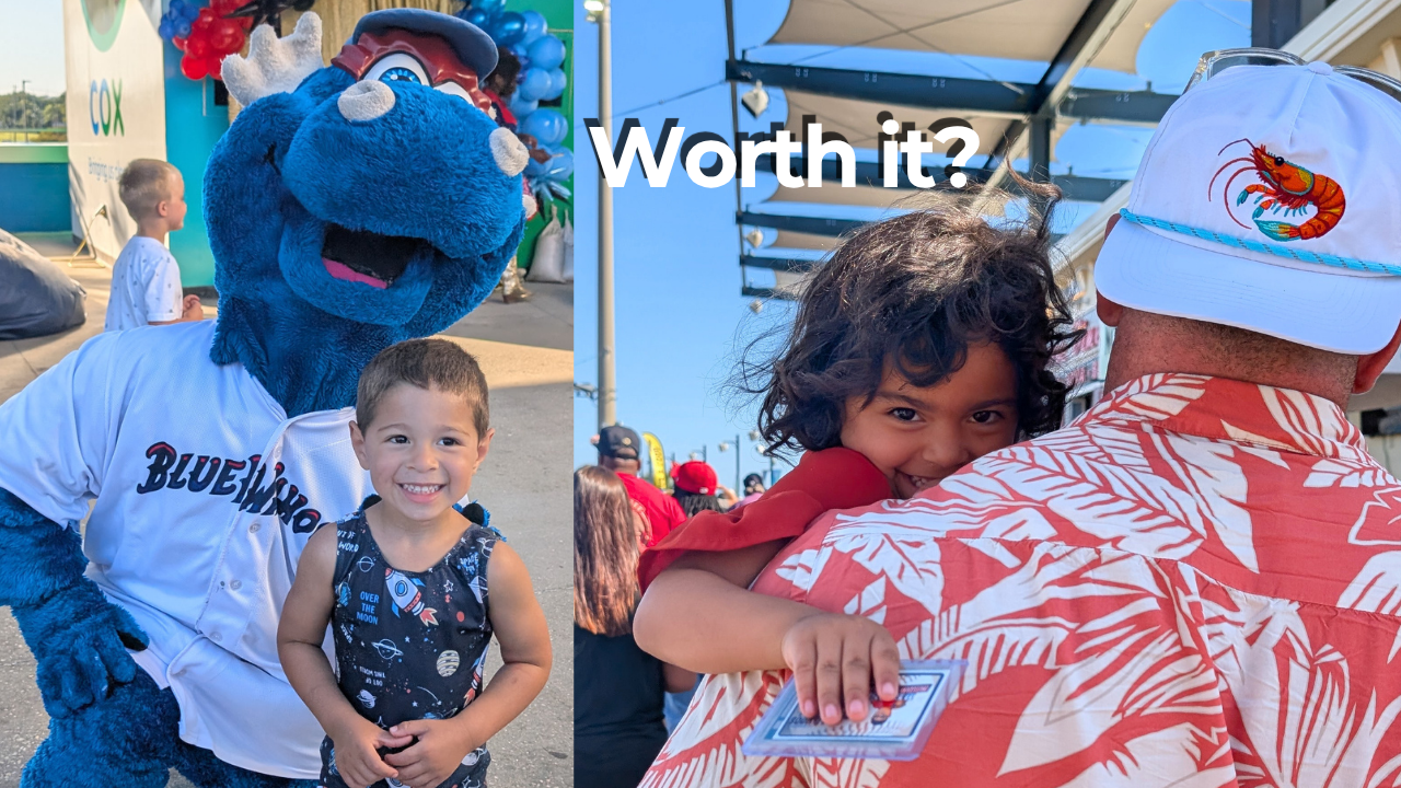 A collage of two photos taken at a Blue Wahoos baseball game. The left photo shows a young boy smiling next to alarge blue mascot costume. The right photo shows a girl hugging her dad. The text "Worth it?" is overlaid on the top part of the collage.