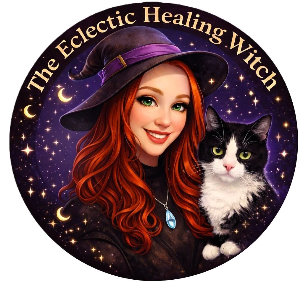 A smiling woman dressed as a witch with long red hair, wearing a purple witch hat and a necklace with a blue gemstone, standing next to a black and white cat, with a background of starry night sky, crescent moons, and the text 'The Eclectic Healing Witch' around the top edge.