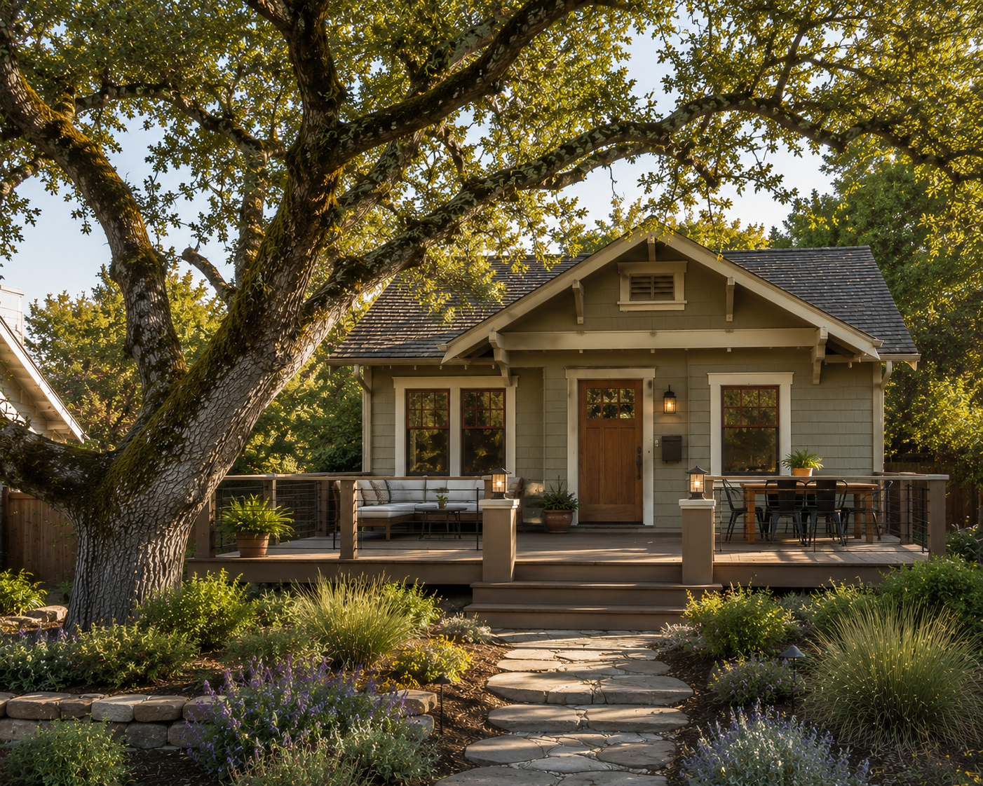 Front view of a cozy house with a wooden porch, surrounded by lush greenery and flower beds, during late afternoon.