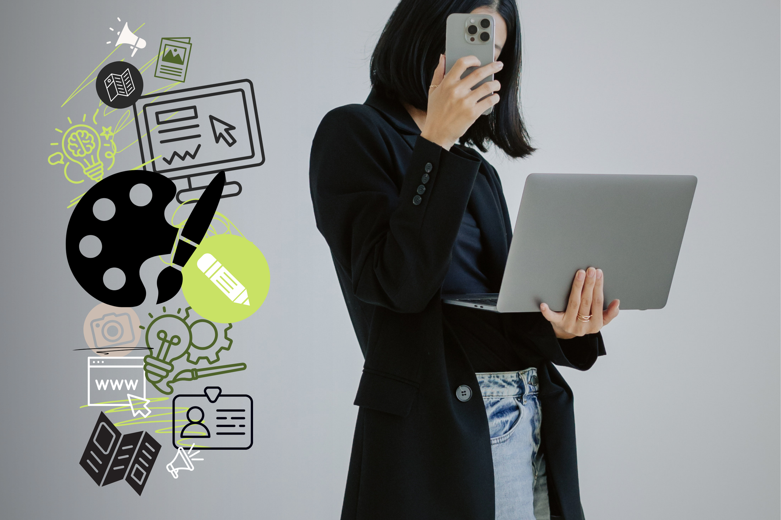 Creative professional surrounded by illustrations representing branded materials, digital assets, print design and marketing collateral.