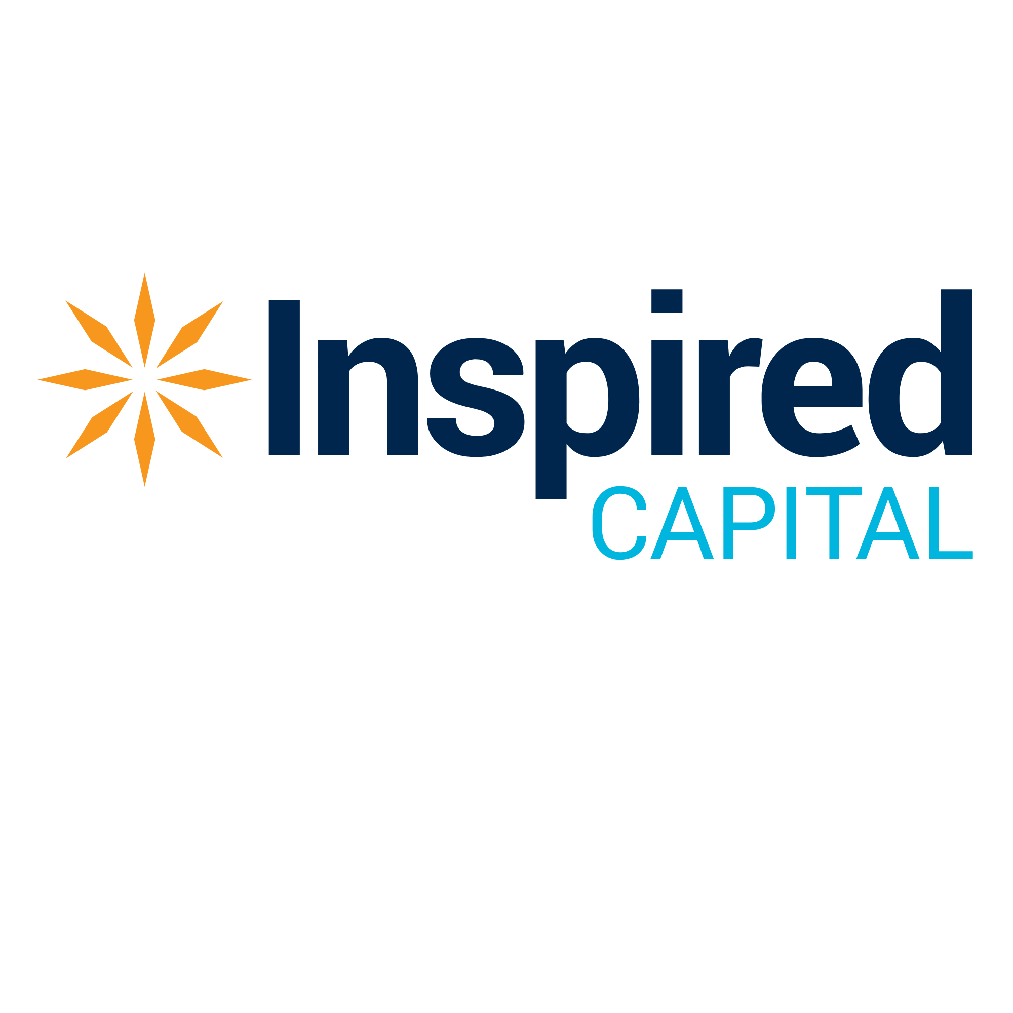 Logo of Inspired Capital featuring a stylized orange starburst and the words "inspired capital" in blue text.