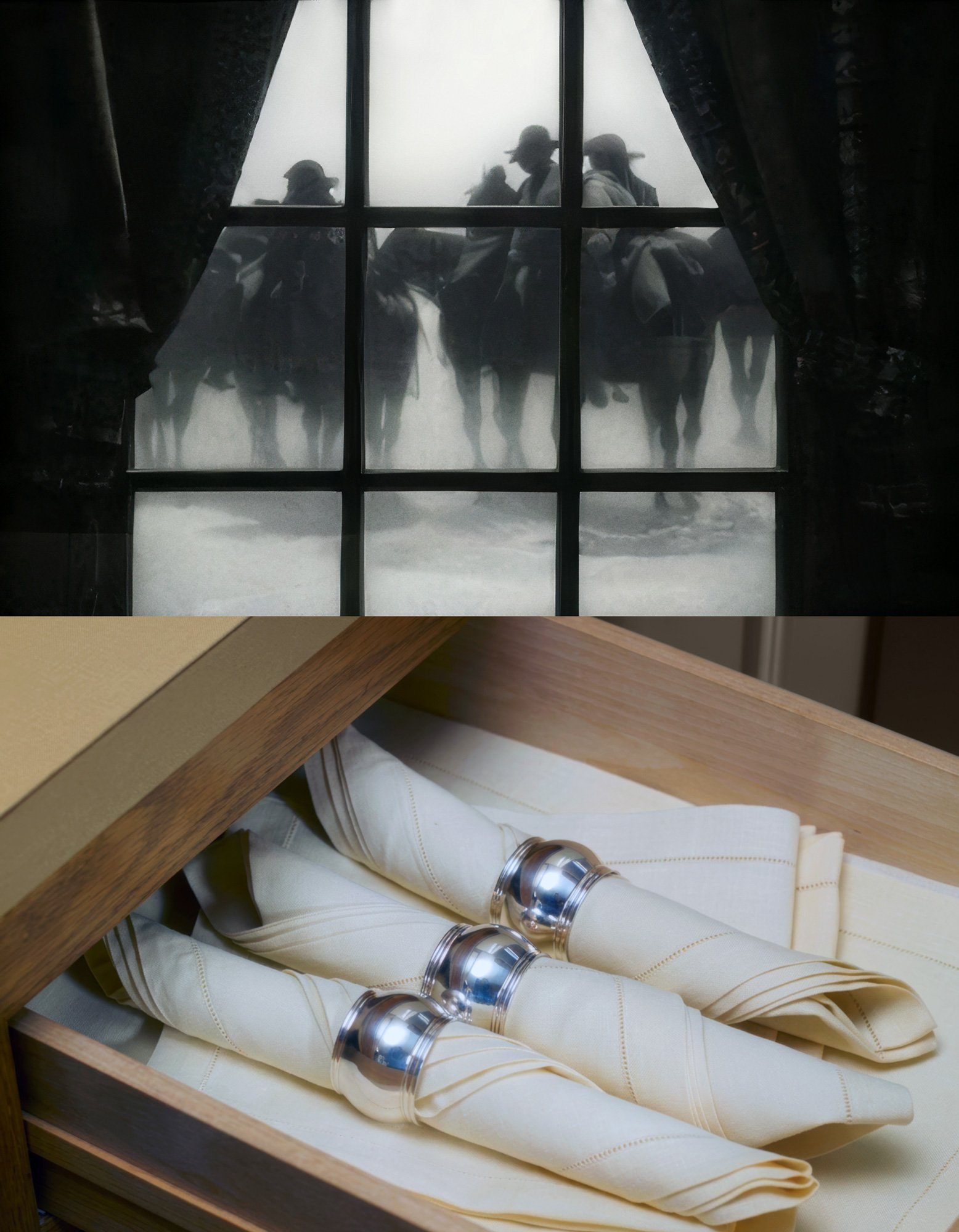 Neal Spector art piece pairing a view of cowboys through a window with a draw of napkins