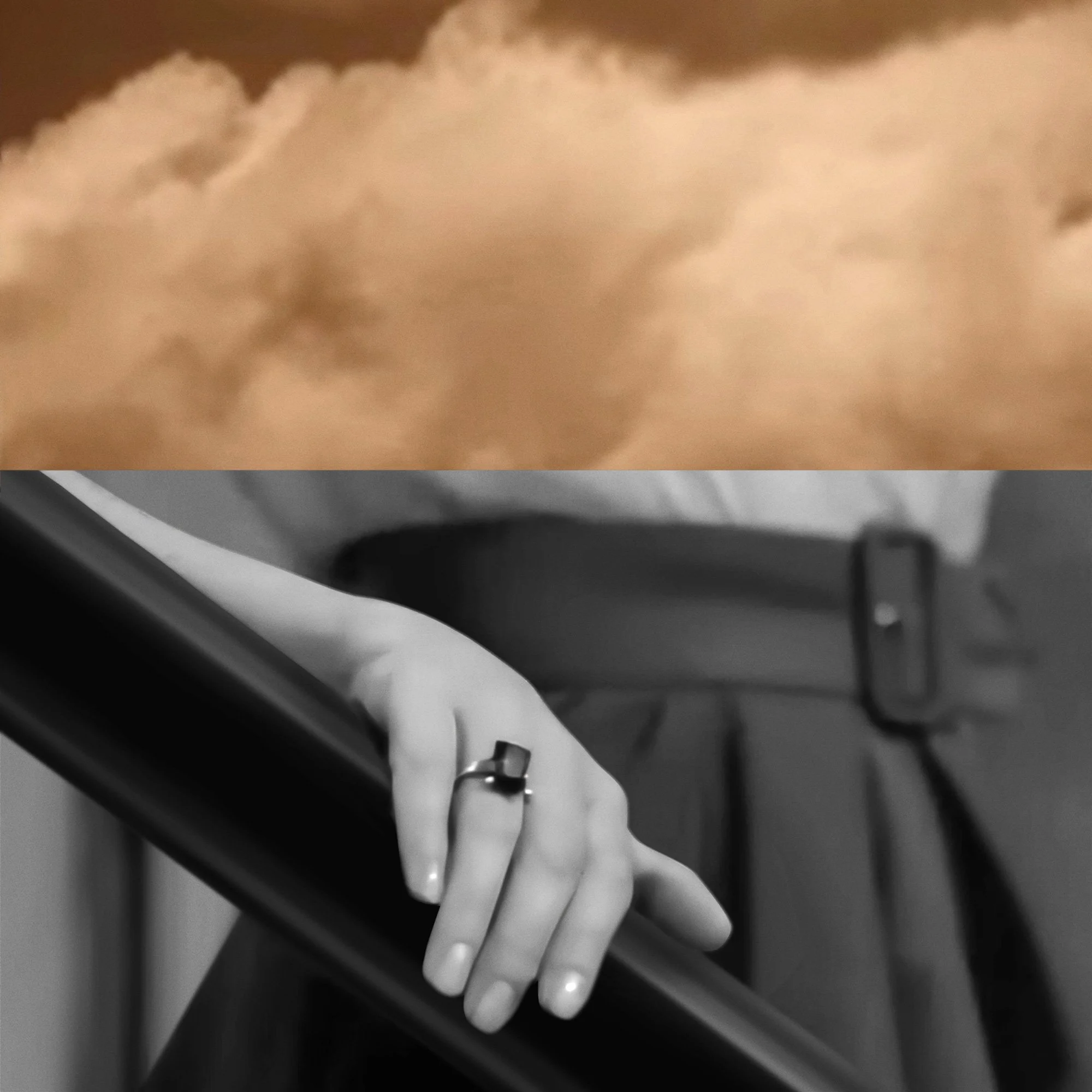 Neal Spector art piece pairing clouds with a cinematic still of a hand on a railing