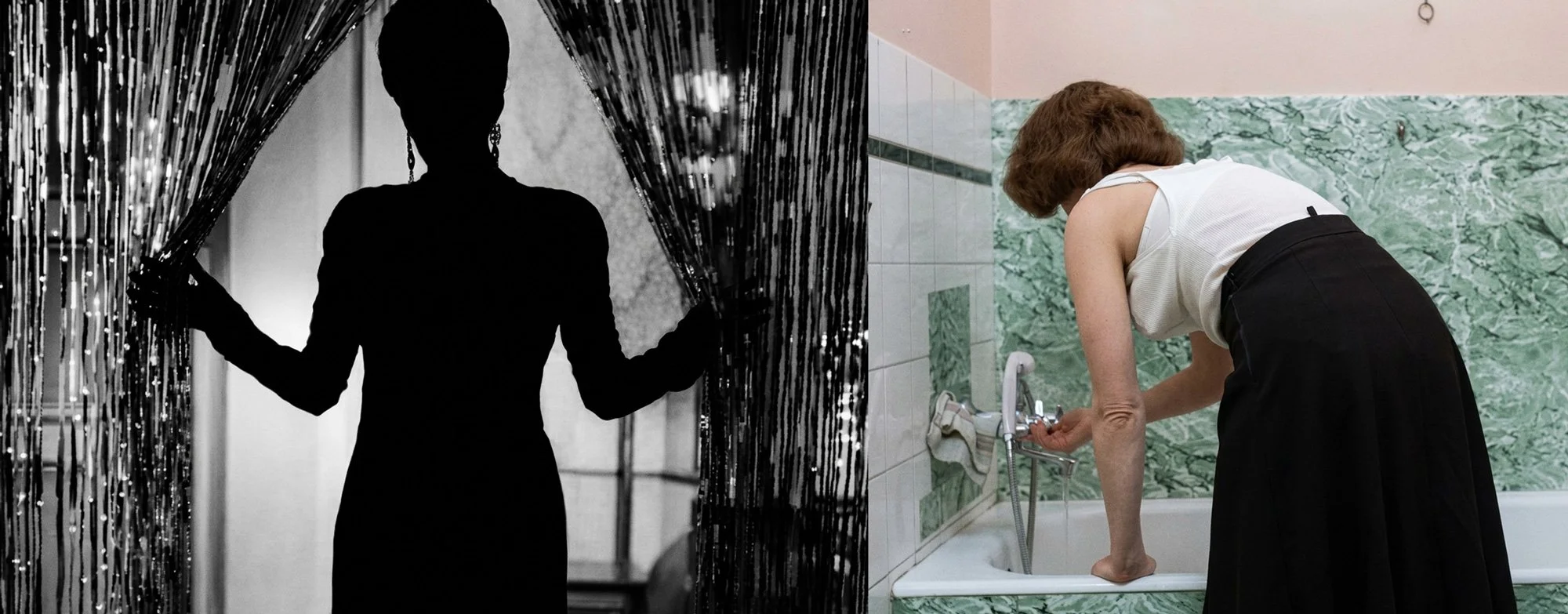 Neal Spector art piece pairing the figure of a woman in a club with a woman running a bath