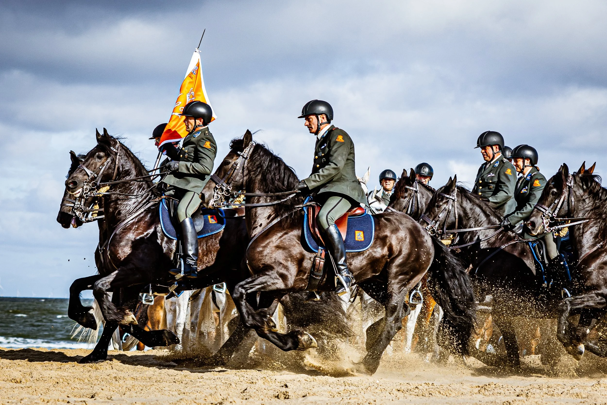 Mounted horse training on the beach of Scheveningen for Prinsjesdag ceremonial preparations in the Netherlands.