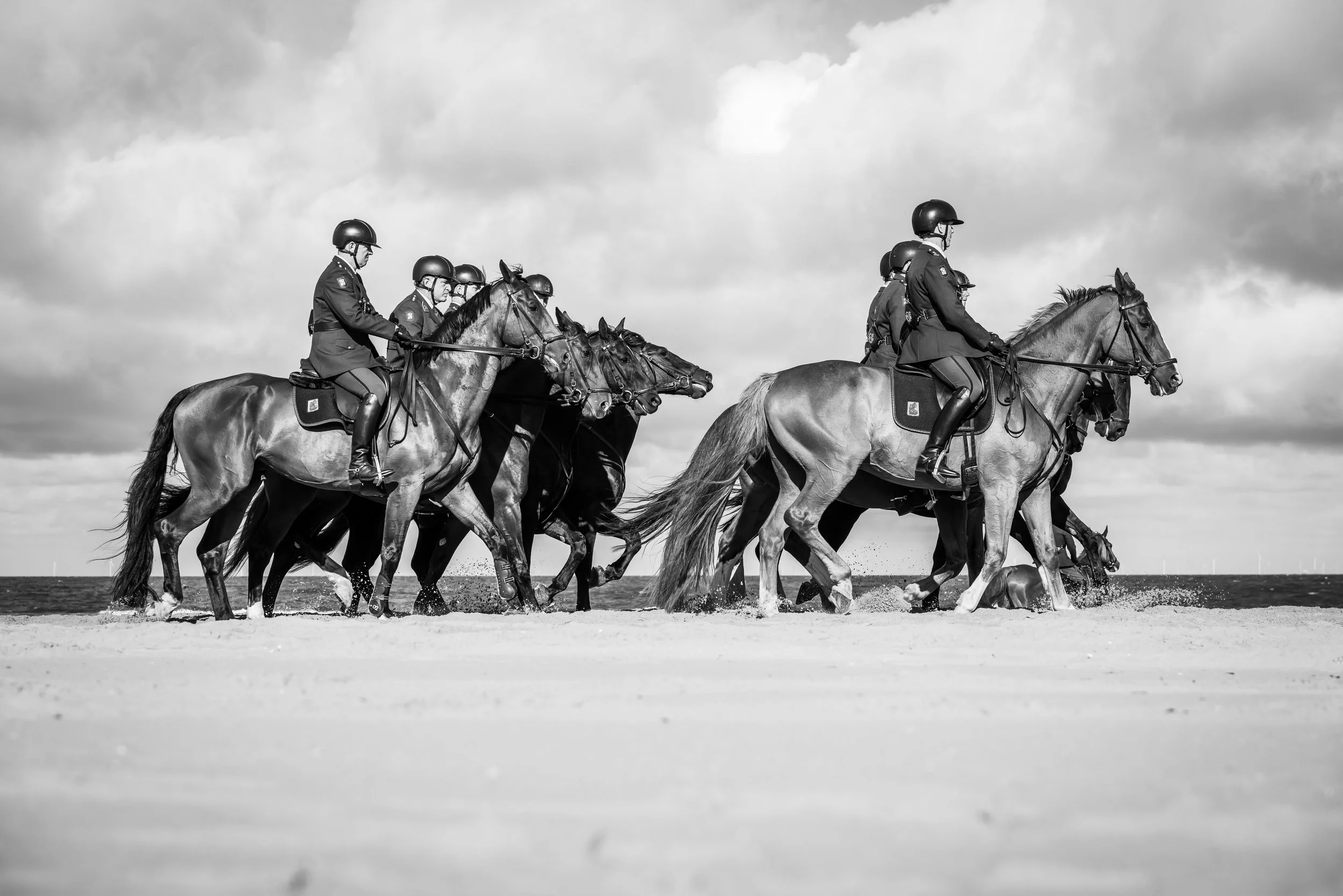 Mounted horse training on the beach of Scheveningen for Prinsjesdag ceremonial preparations in the Netherlands.