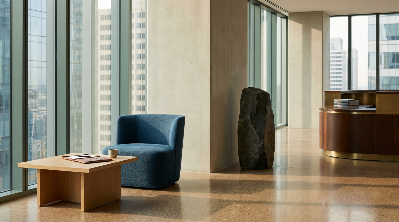 Sala de oficina moderna con vista a edificios altos, sillón azul, mesa de madera con libro y taza, pared de cristal y piedra grande decorativa.
