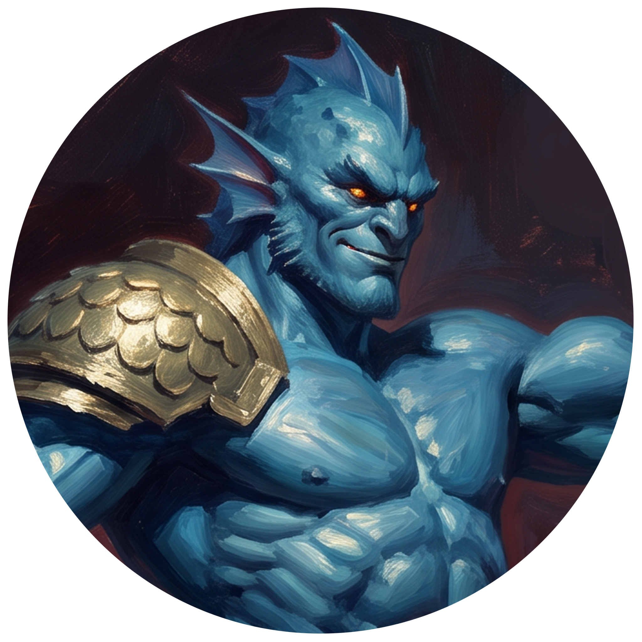 Close-up of a fantasy-style illustration of a blue creature with glowing orange eyes, sharp facial features, and a dark background with red and black accents.