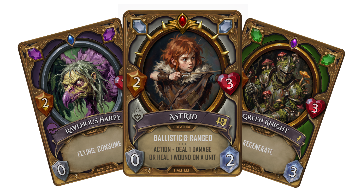 Three fantasy game cards: Ravenous Harpy, Astrid, and Green Knight, with illustrations, stats, and abilities.