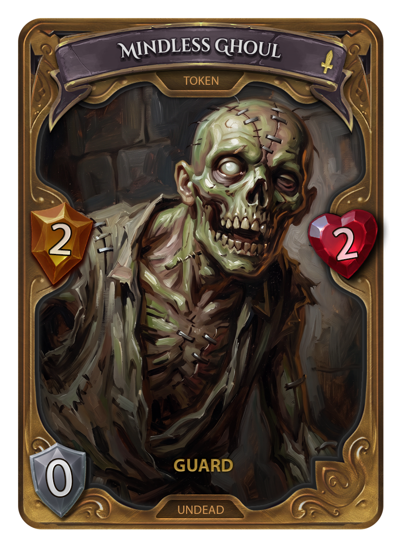 A fantasy trading card titled 'Mindless Ghoul' depicting a decayed, undead creature with a skeletal face, decaying flesh, stitched scars, and tattered clothing. The card shows a resource cost of 2, health of 2, and a shield of 0. The background is a dark, shadowy environment.
