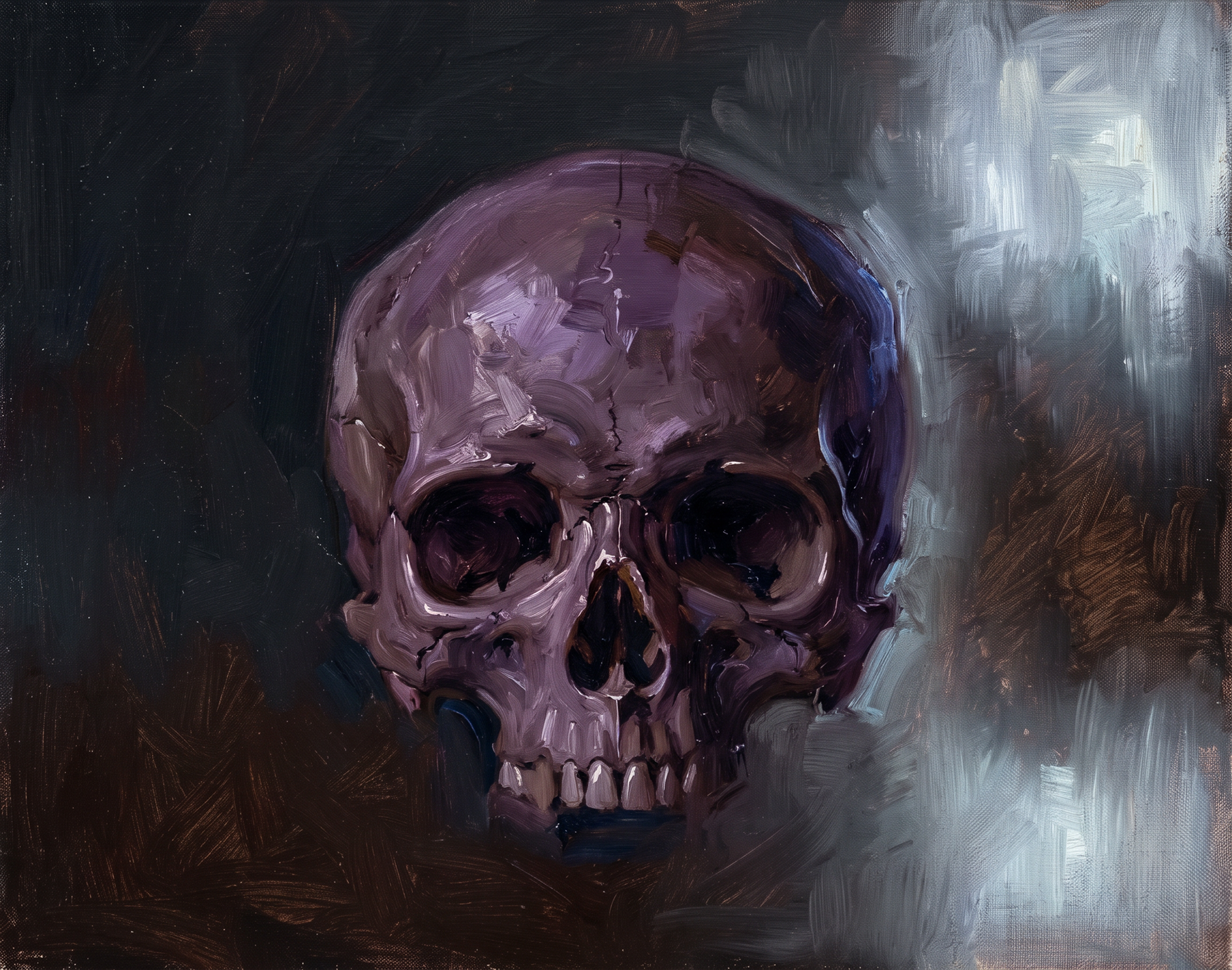 A painted portrait of a human skull with purple and dark tones, set against a dark background with some light gray and white highlights.