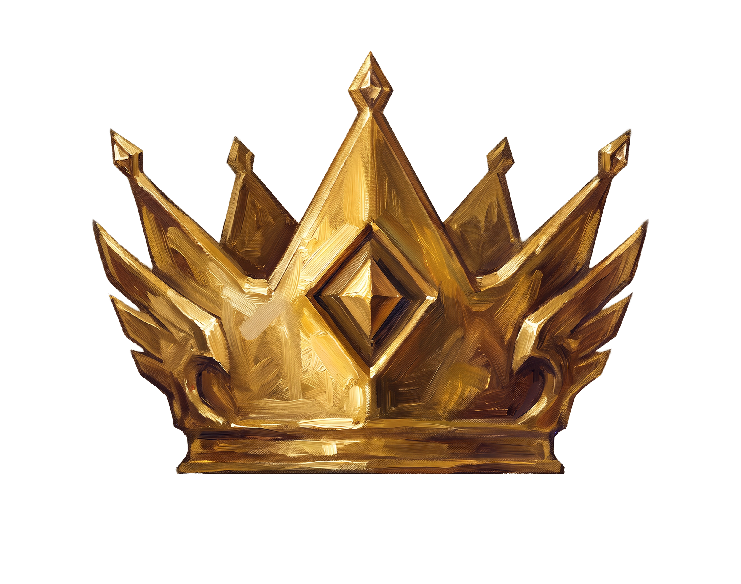 A gold-colored crown sitting on a reflective surface, with a black background.