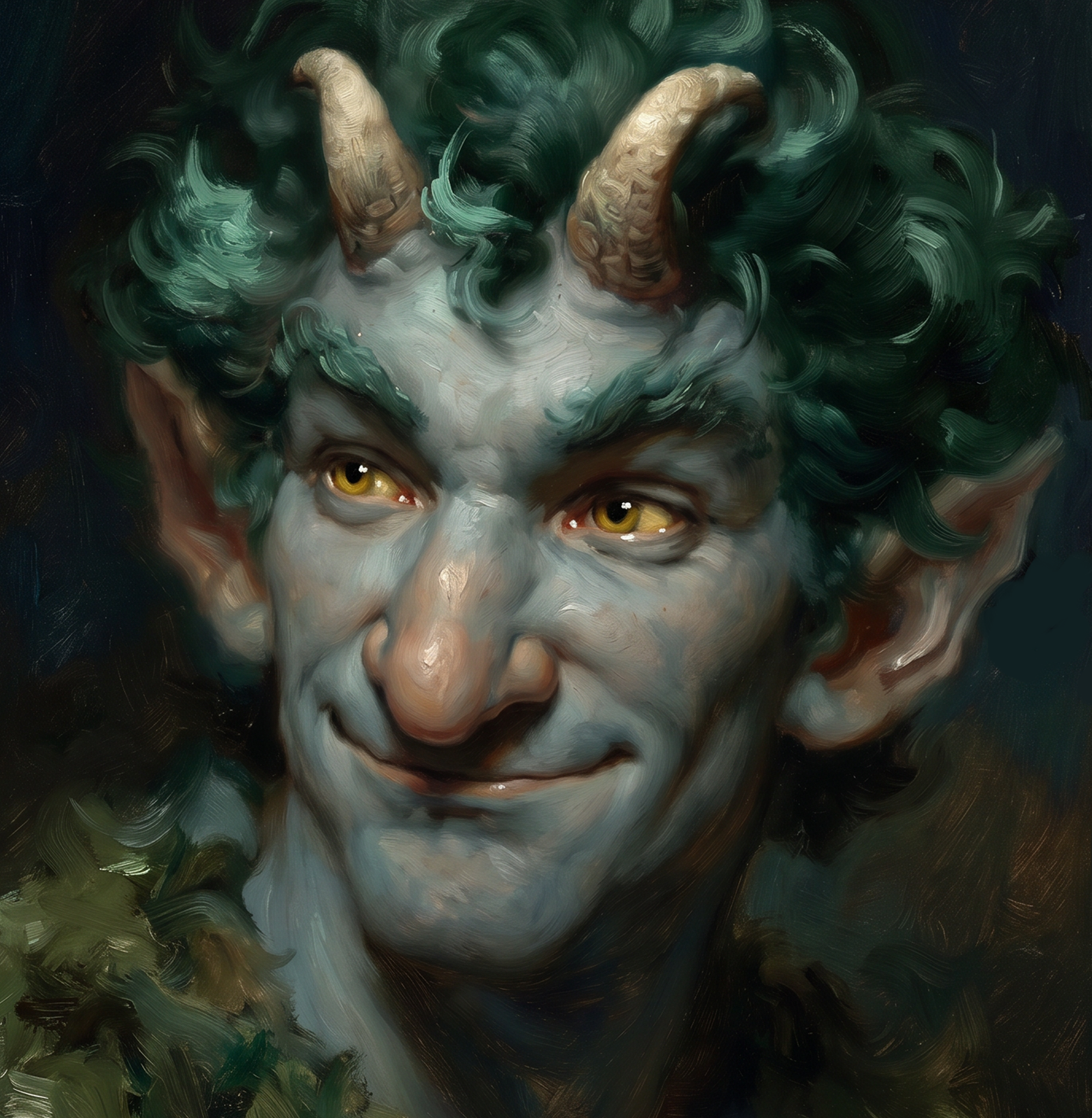 A digital painting of a person with dark, curly hair with greenish highlights and golden eyes, smiling softly. The style is impressionistic with swirling brushstrokes.
