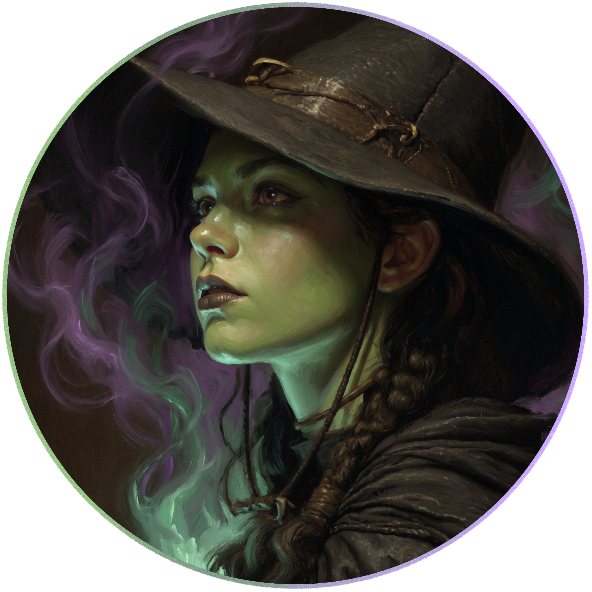 A painted portrait of a woman wearing a large, dark hat with a scorpion decoration on the brim, with purple smoke swirling around her face and curly hair.