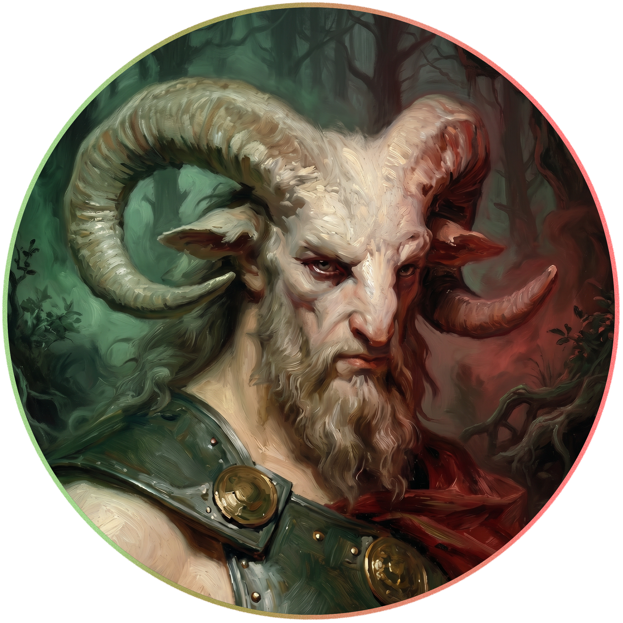 An artistic painting of a human face with a twisted horn on the forehead, set against a dark background with trees. The face has intense eyes and is partially obscured by the swirling brushstrokes in shades of beige, red, and brown. The image has a circular frame with green and red borders.