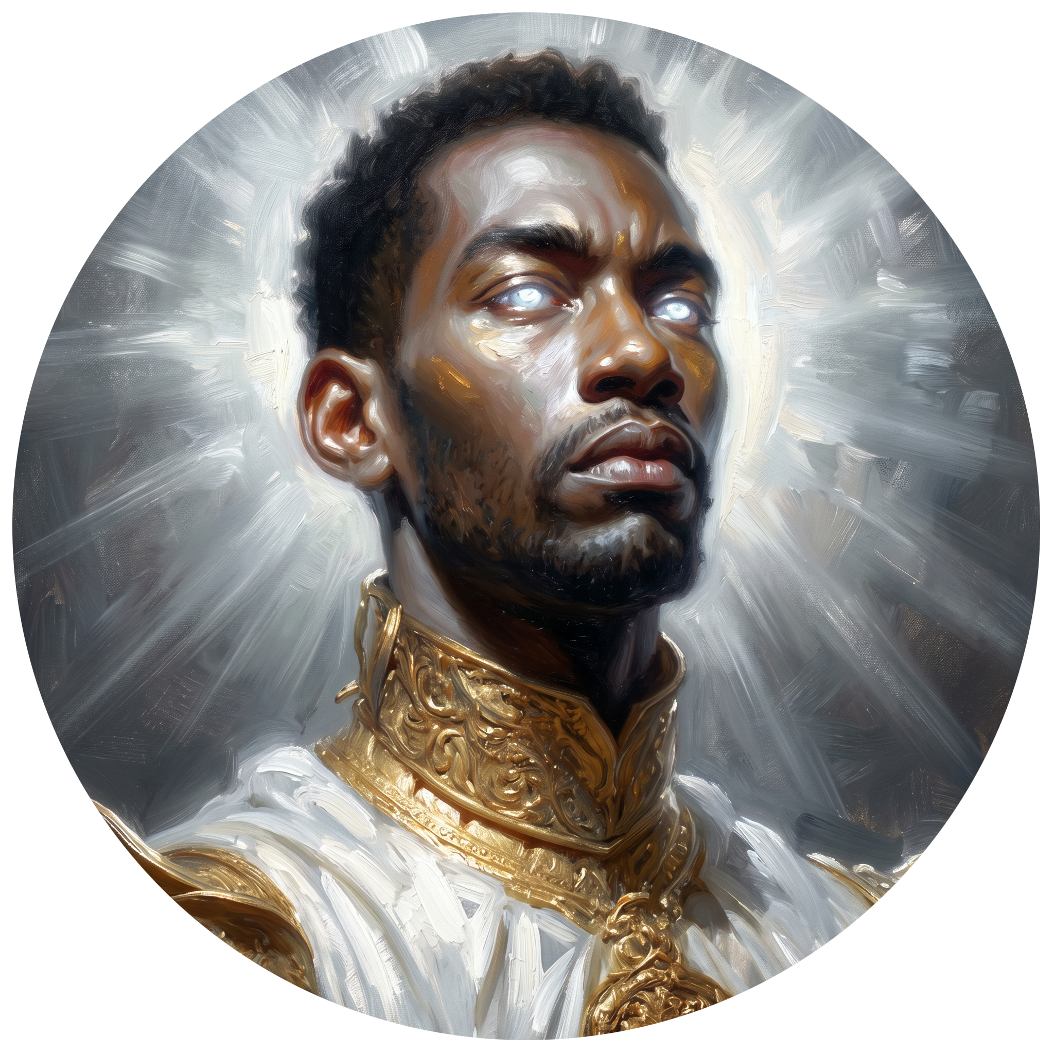A digital painting of a person with dark curly hair, piercing eyes with glowing white irises, and a serious expression, adorned with gold accessories around the neck and a dark shirt, against a swirling, luminous background.