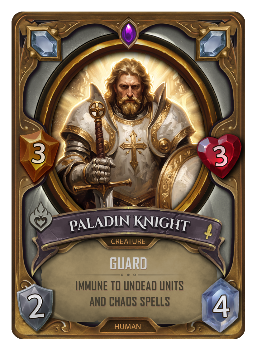 A fantasy game card titled 'Paladin Knight' depicting a bearded knight in white armor with gold accents, holding a scepter and a shield, with a glowing background. The card has stats of 3 attack, 3 health, 2 defense, and 4 magic, and features icons indicating its attributes and abilities.
