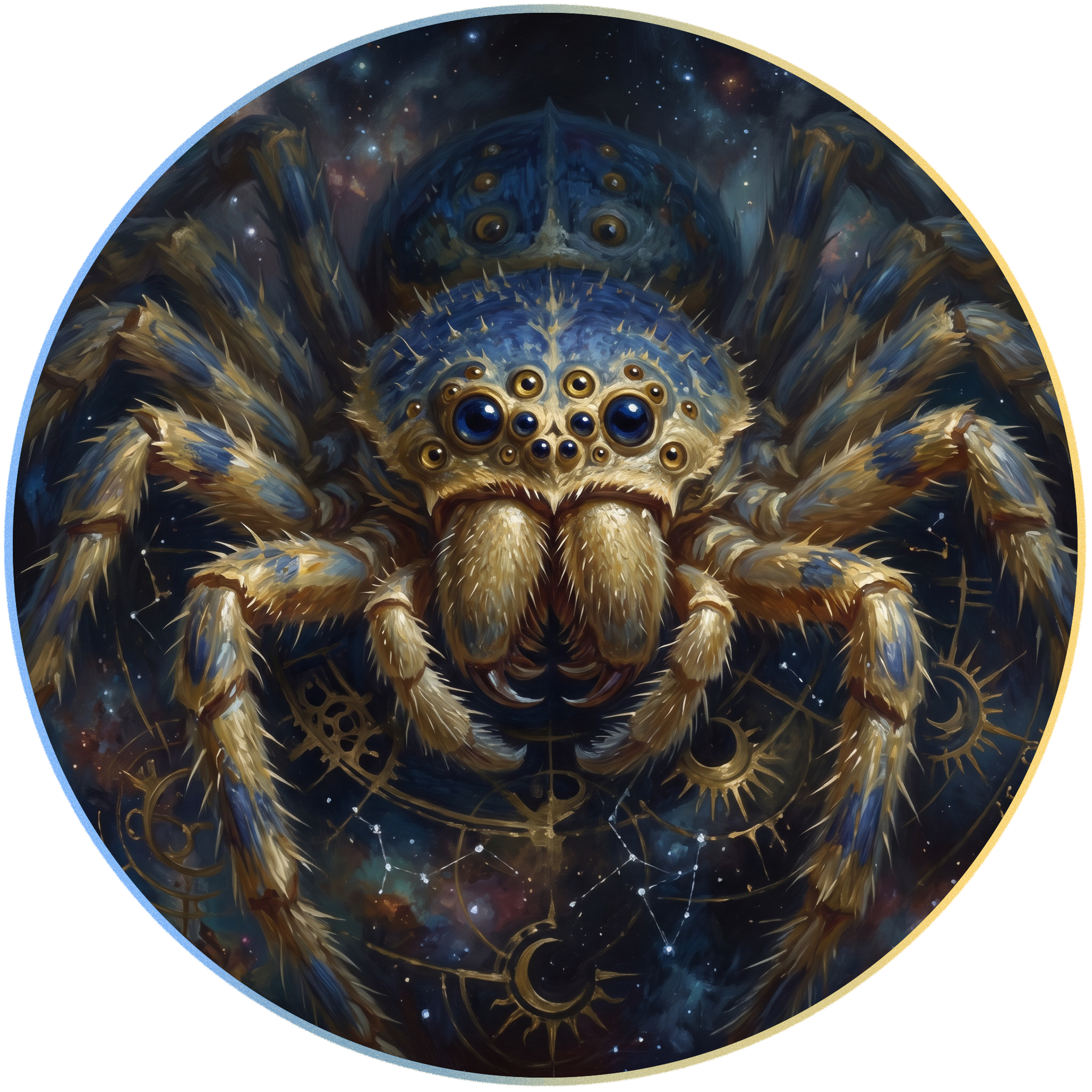 A detailed digital artwork depicting a cosmic scene with a large spider-like creature with numerous eyes, set against a starry space background. The creature has intricate golden and blue markings and appears to be floating or emerging from a galaxy.