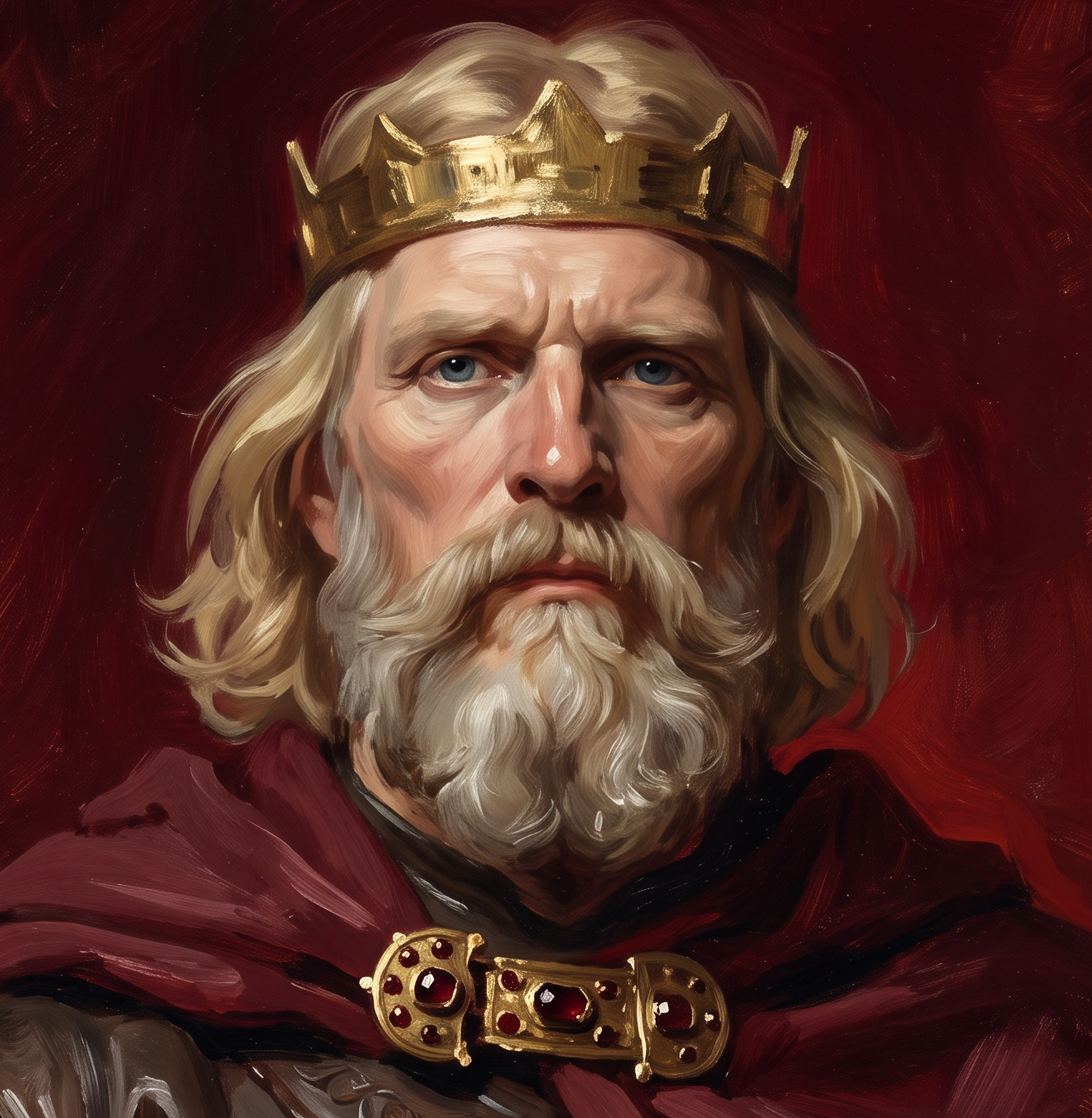 A digital painting of a King with a crown, blue eyes, a beard, and long hair wearing a red and black robe, with a dark red background.