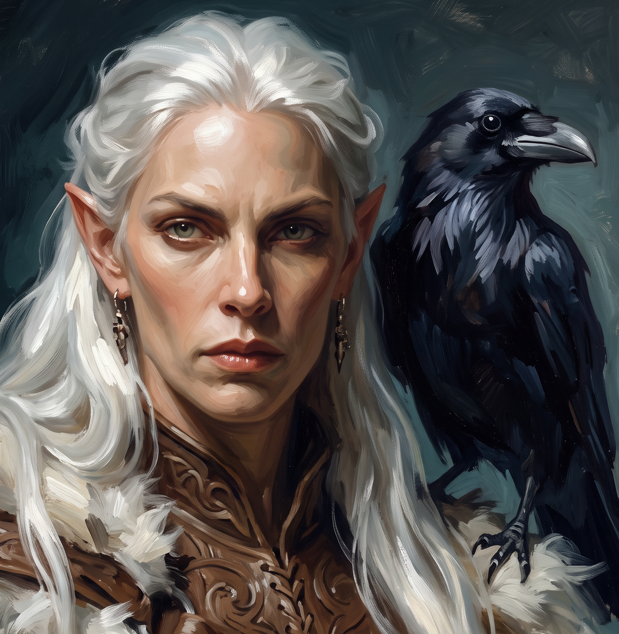 Close-up of a fantasy character with elf-like ears, long white hair, and green eyes, accompanied by a black raven.