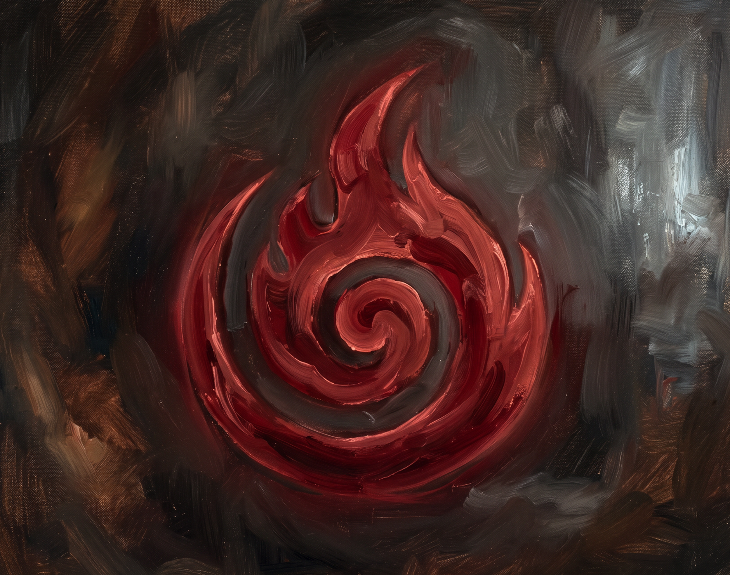An abstract painting with swirling strokes of red, black, gray, and hints of brown, creating a dynamic and textured composition.