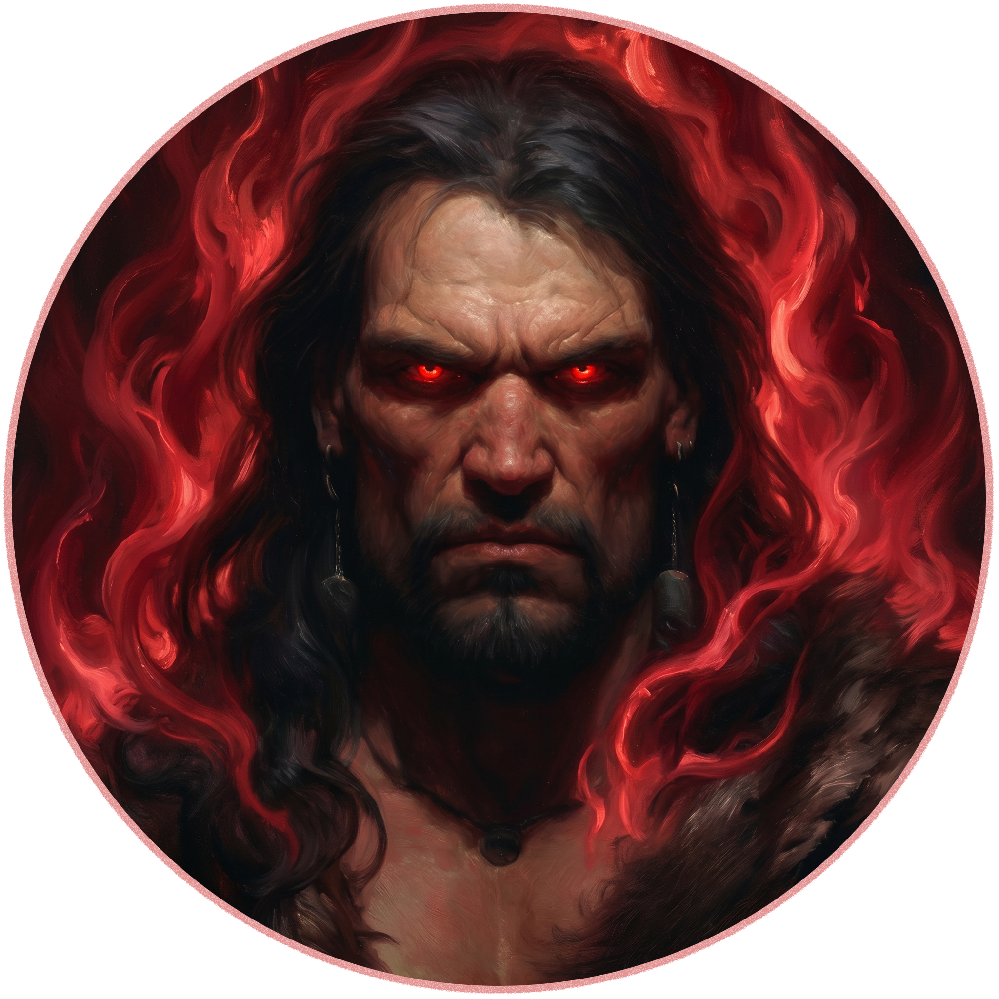 Digital illustration of a fierce male face with glowing red eyes, dark hair, and fiery red and black swirling flames around his head, set within a circular border on a red background.
