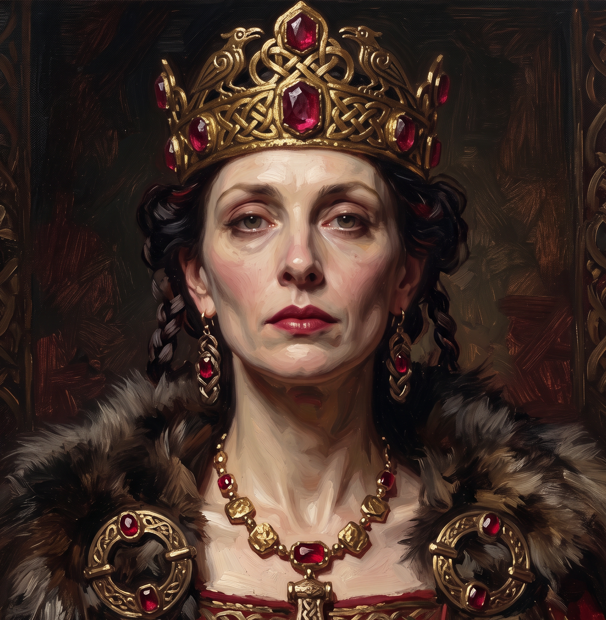 A painting of a woman wearing a gold crown with red gemstones, matching jewelry, and a dark fur coat, with a serious expression.