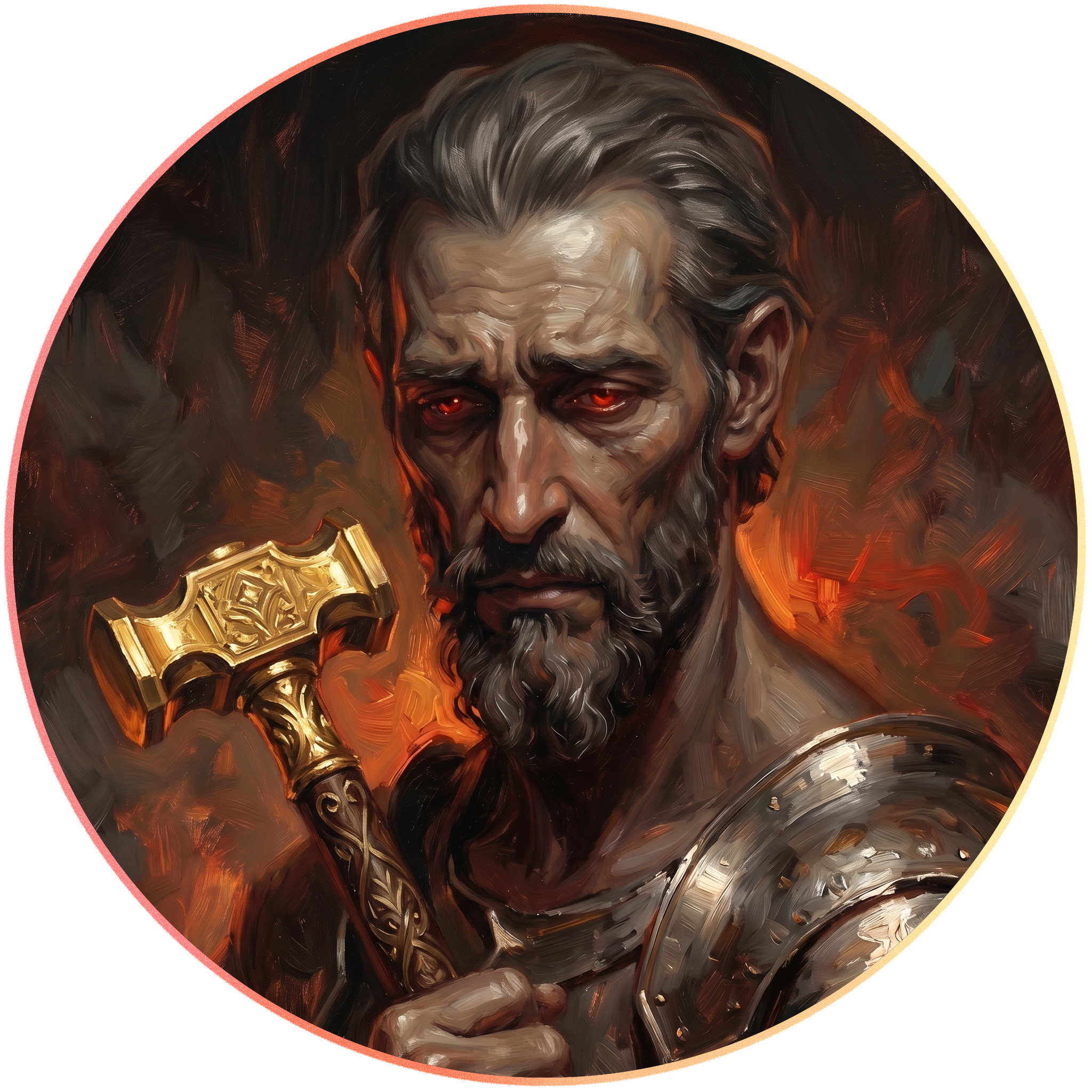 A digital painting of a sinister man with glowing red eyes, gray flowing hair, and a beard. He is dressed in ornate armor and holds a gold-colored sword.