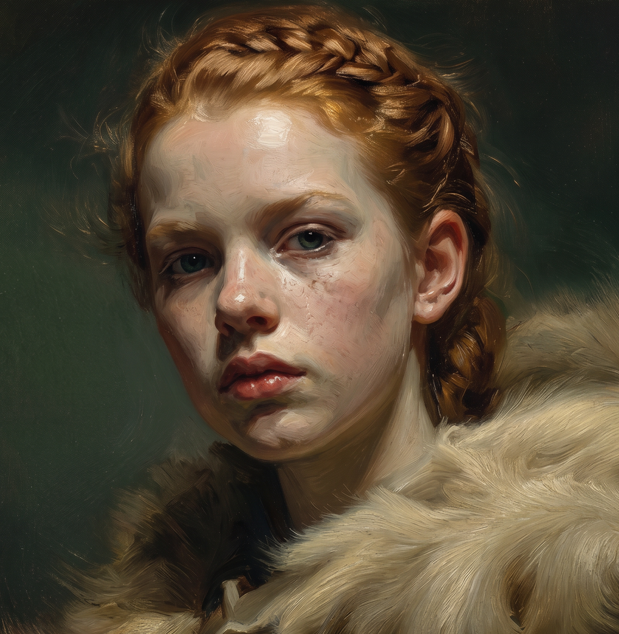 A painting of a young boy with curly red hair and blue eyes, looking directly at the viewer. The background is dark green.